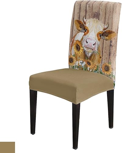 Chair Covers Set of 8 Farmhouse Sunflower Cow Parson Chair Covers Seat Protector Washable Removable Rustic Style Animal Floral Wood Grain Seat