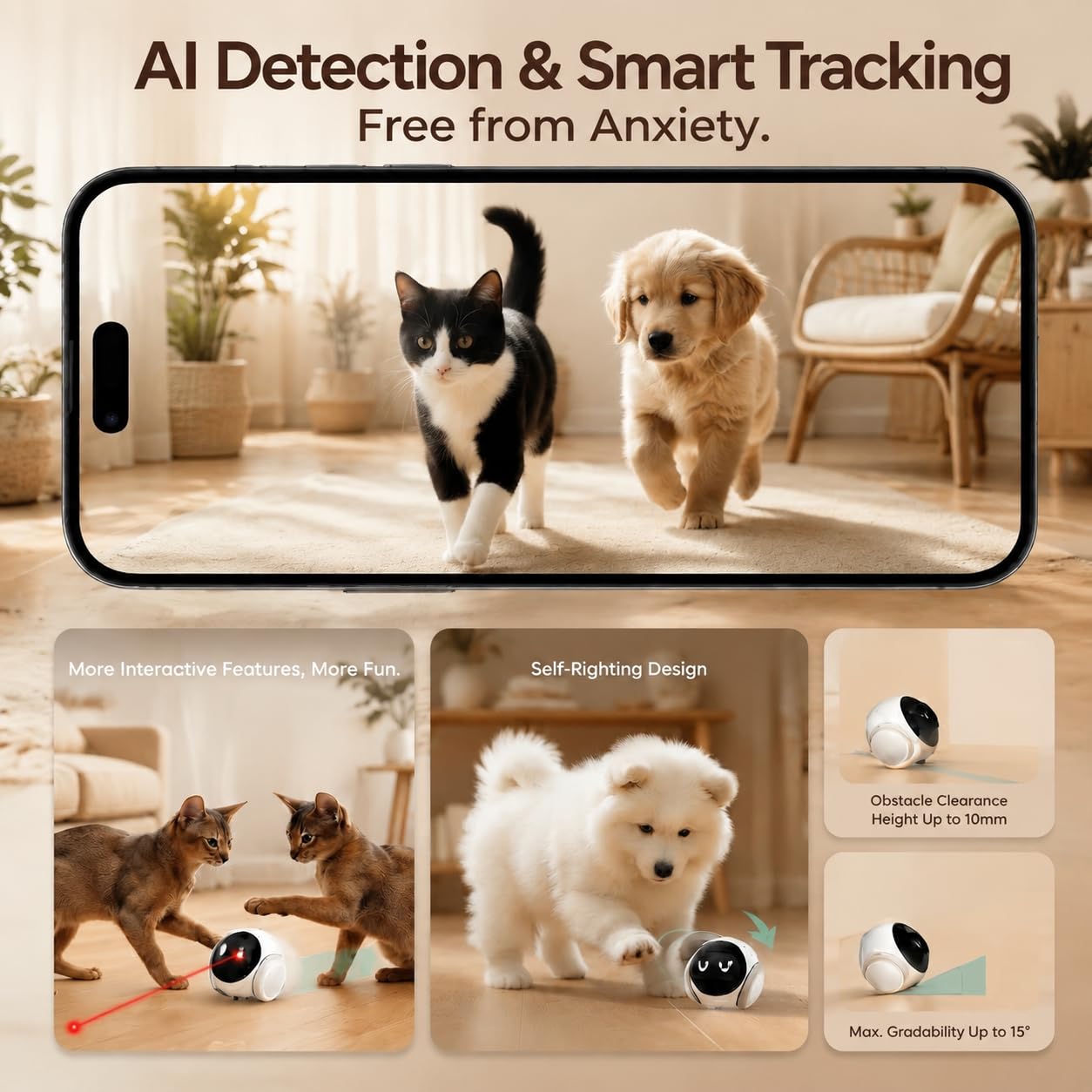 Roboter Haustierkamera 2K HD, App-Steuerung, Nachtsicht & AI-Tracking