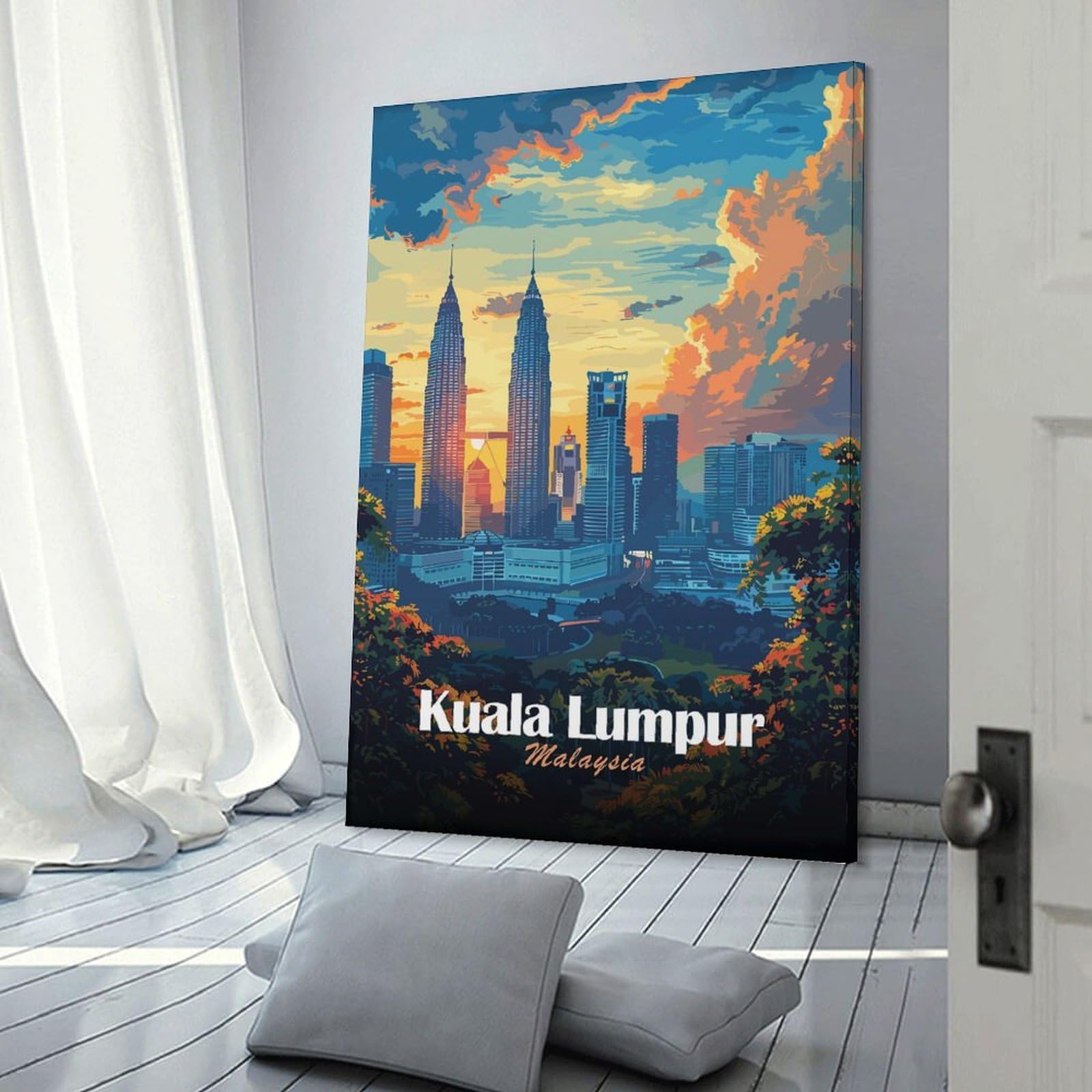 Junmoney Canvas Art Print Kuala Lumpur Skyline at Sunset, 08x12inch(20x30cm), for Feature Walls in Flats Or Modern Rooms, Wall Decor Suited to Curated Displays