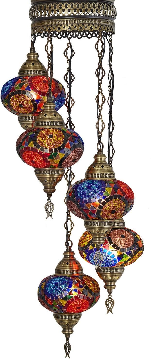 DEMMEX - 5-Large 7'' Globes Turkish Moroccan Plug-in Chandelier - Tiffany Mosaic Glass Pendant Light, Swag Hanging Lamp with 15 ft Cord & Chain, 4 ft Drop, for Living Room, Bedroom & Dining Room