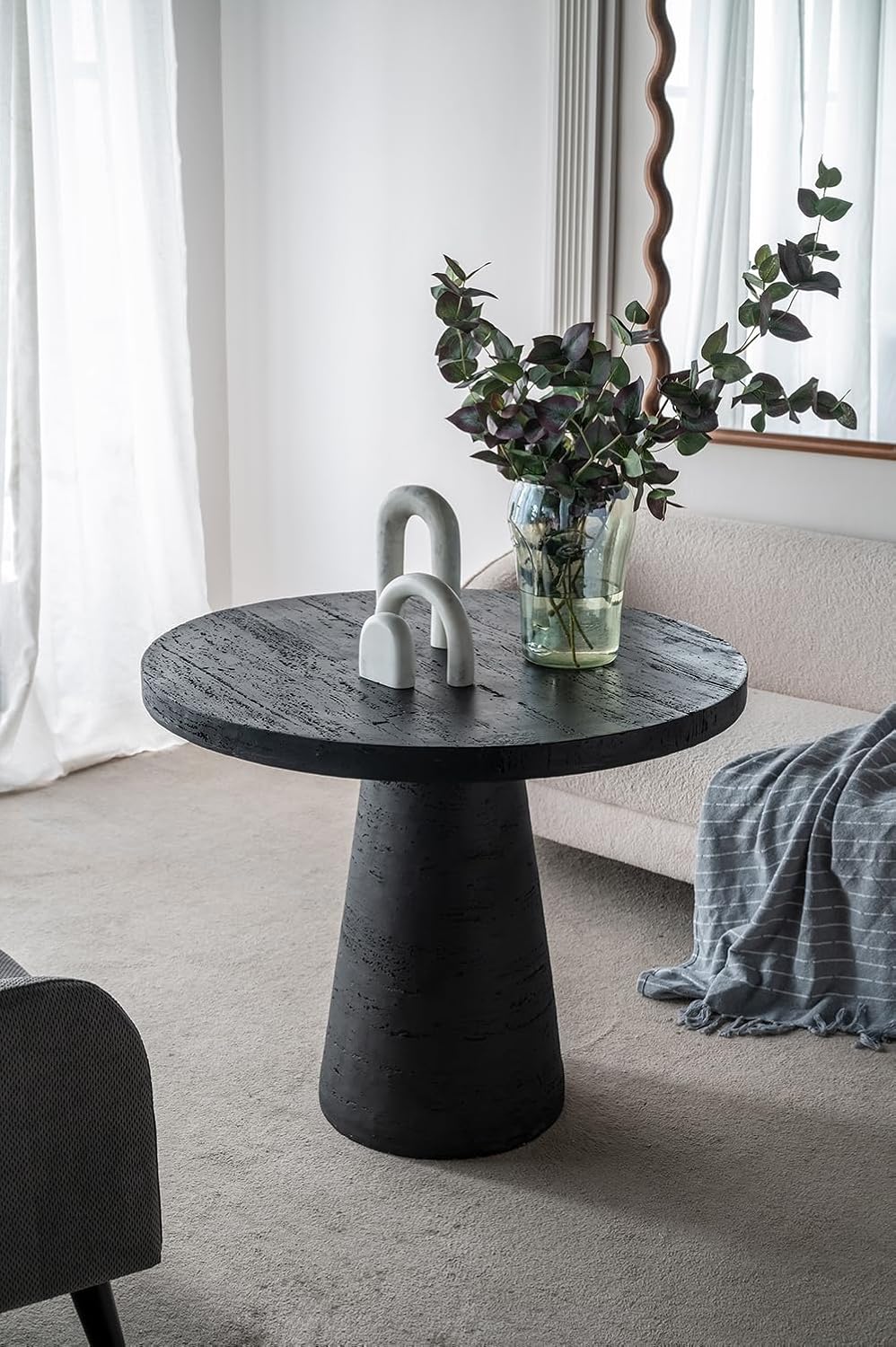 WILLIAMSPACE 36" Round Faux Marble Dining Table with Pedestal Base, Modern Magnesium Oxide Stone Kitchen Table Coffee Table for Living Room, Dining Room - Black