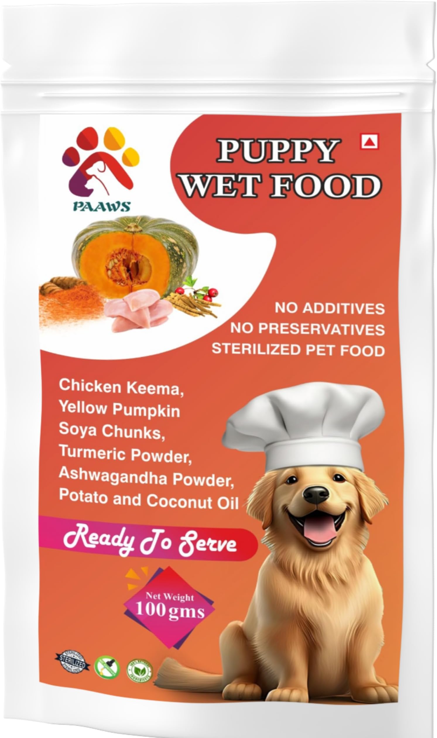 PAAWS Puppy Wet Dog Food | Real Chicken Keema, Yellow Pumpkin and SOYA Chunks in Gravy- 1 Pouch (100g) | No Additives | No Preservatives | Sterilized Pet Food
