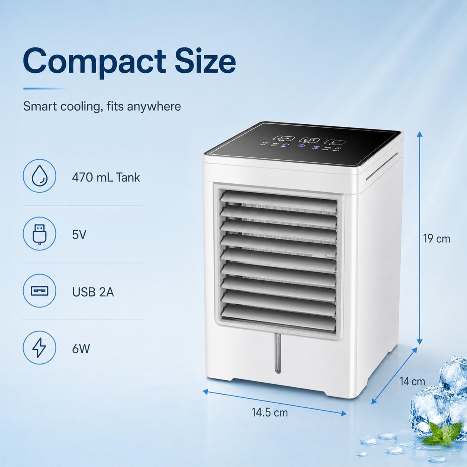 Condizionatore Portatile, Raffrescatore Evaporativo Alimentato Tramite USB, Ventilatore con 3 Timer, Serbatoio 470ml, 3 velocità, Super Silenzioso per Casa e Ufficio
