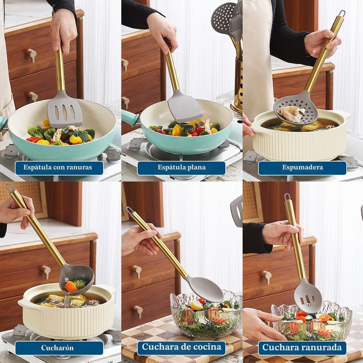 Juego de Utensilios de Cocina Dorados, Kyraton 38 Utensilios de Cocina de Silicona Antiadherente, Juego de Cucharas y Espátulas con Robusto Porta Utensilios de Acero Inoxidable, Apto para Lavavajillas