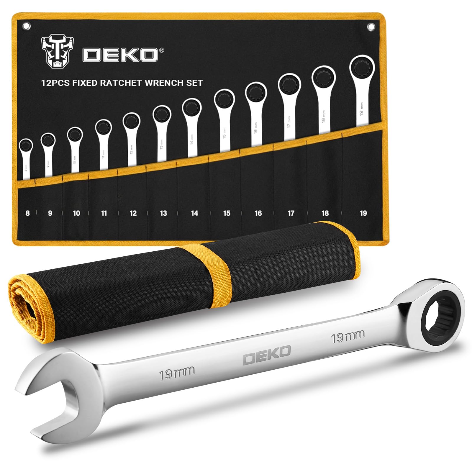DEKOPRO Set Chiavi a Cricchetto 12 Pezzi, Chiavi Combinate Metriche 8-19mm, Chiavi Inglesi in Acciaio Cromo Vanadio, Chiave Inglese a Cricchetto con Borsa, Attrezzi da Lavoro per Officina e Fai da Te