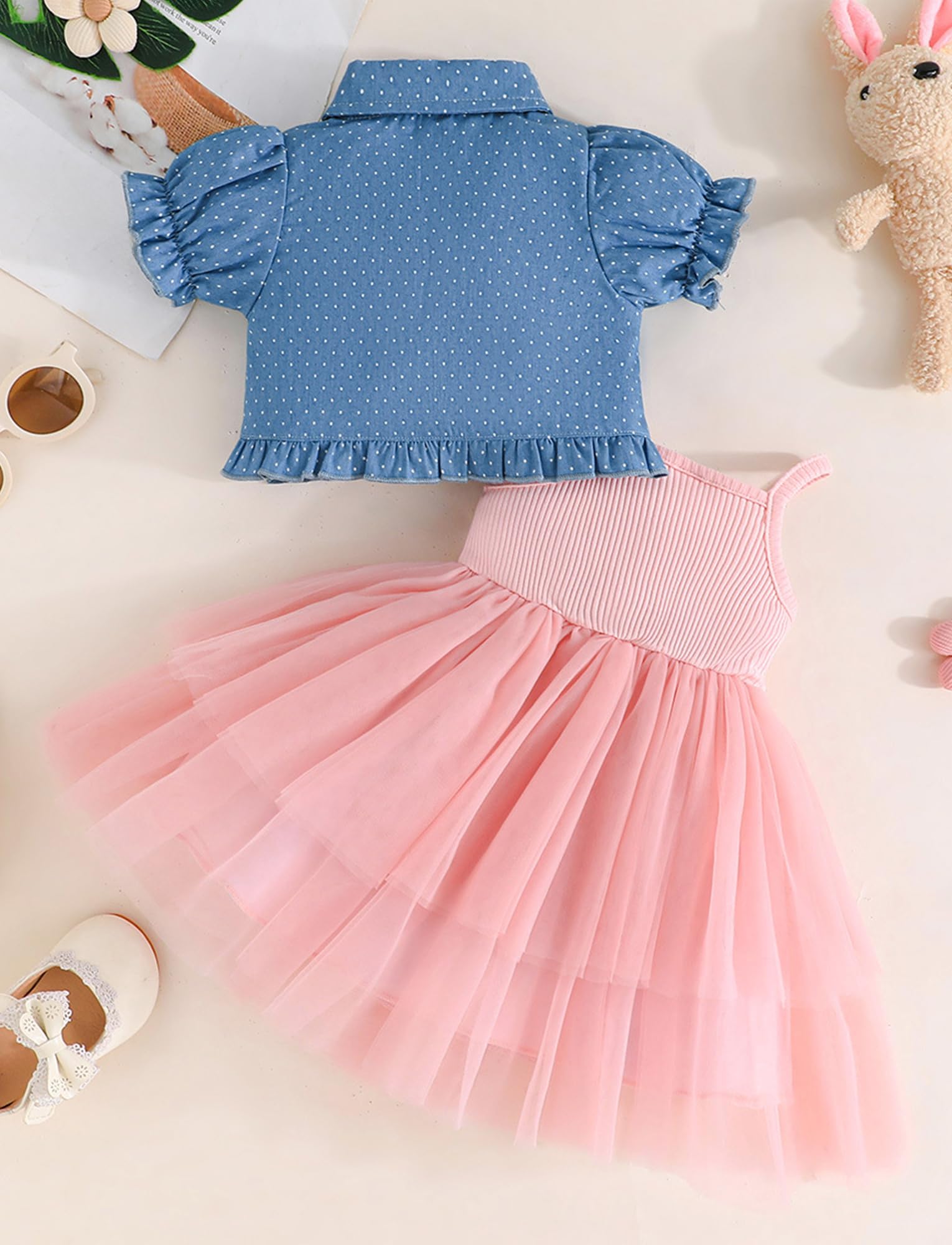 Toddler Baby Girls Summer Dress Set 2 Piece Tulle Sundress Denim Jacket Birthday Tutu Dress Cardigan Pink 18-24 Months