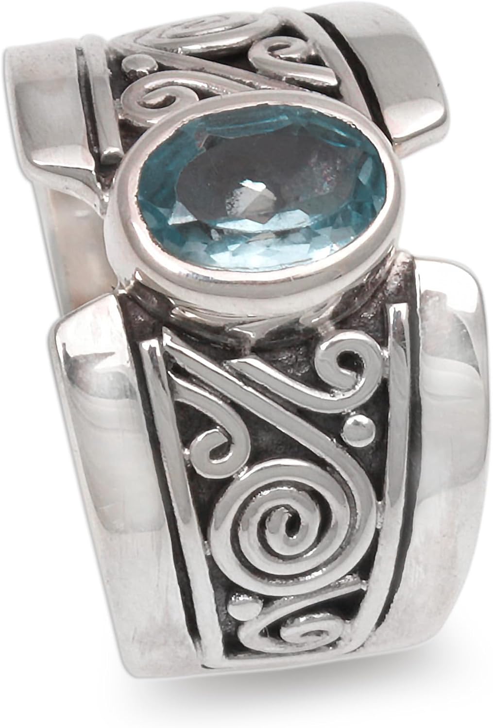 NOVICA Artisan Handmade Blue Topaz Single Stone Ring .925 Sterling Silver Wide with Indonesia Serenity Birthstone 'Blue Karma' - Image 5