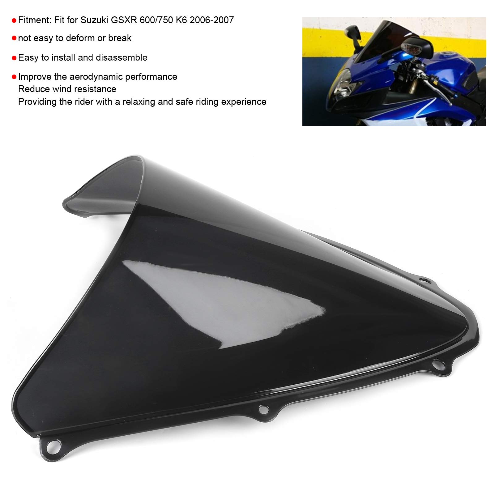 Parabrezza per Moto, Parabrezza per PC, Deflettore da 335 X 340 Mm, Riduce la Polvere e il Rumore del , Facile Installazione per Ciclisti Stradali, Adatto per GSXR 600 750 K6 2006 2007. (BLACK)