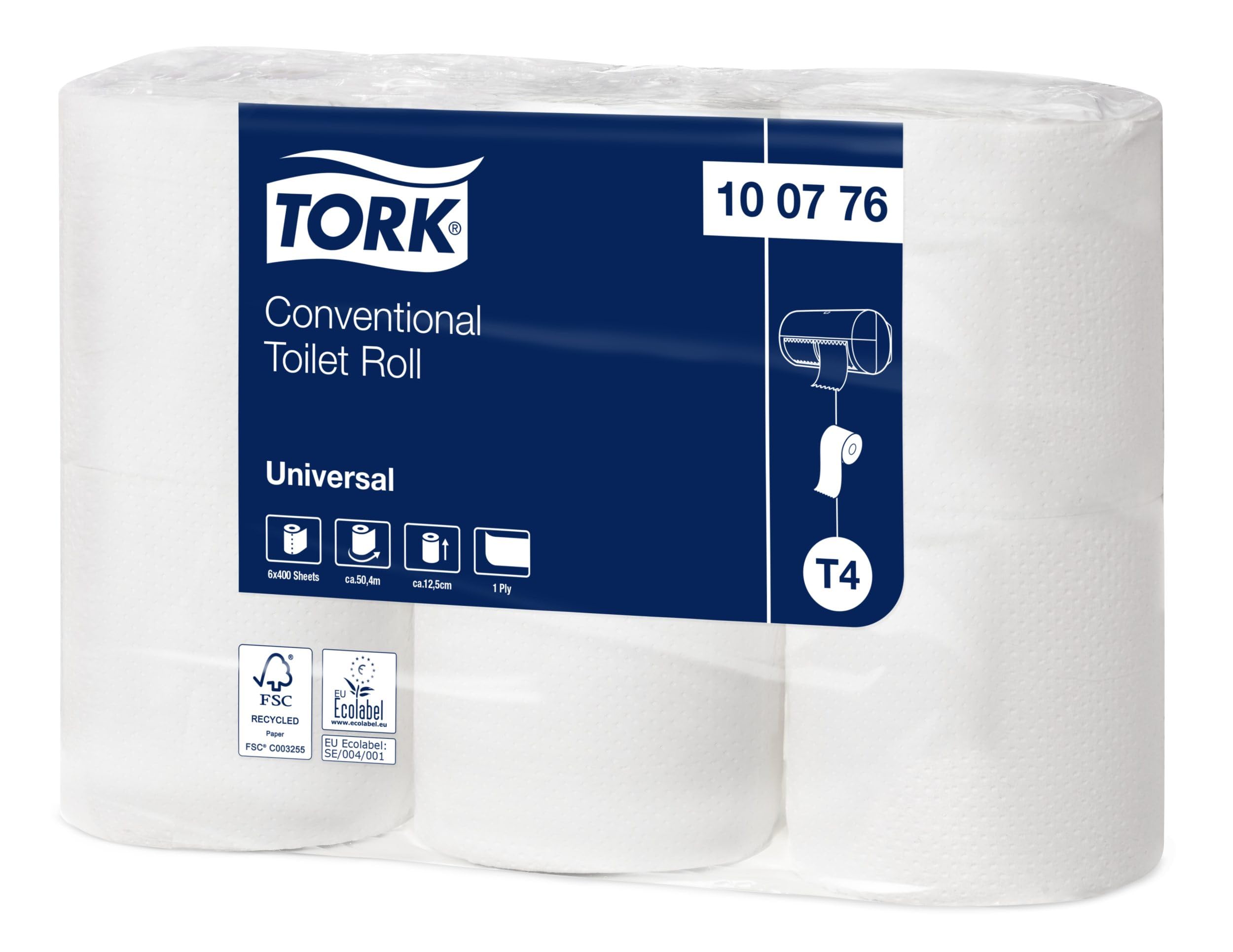 Tork Kleinrollen Toilettenpapier Weiß T4, Universal-Qualität, 1-lagig, extralange Rolle, 48 × 400 Blatt, 100776