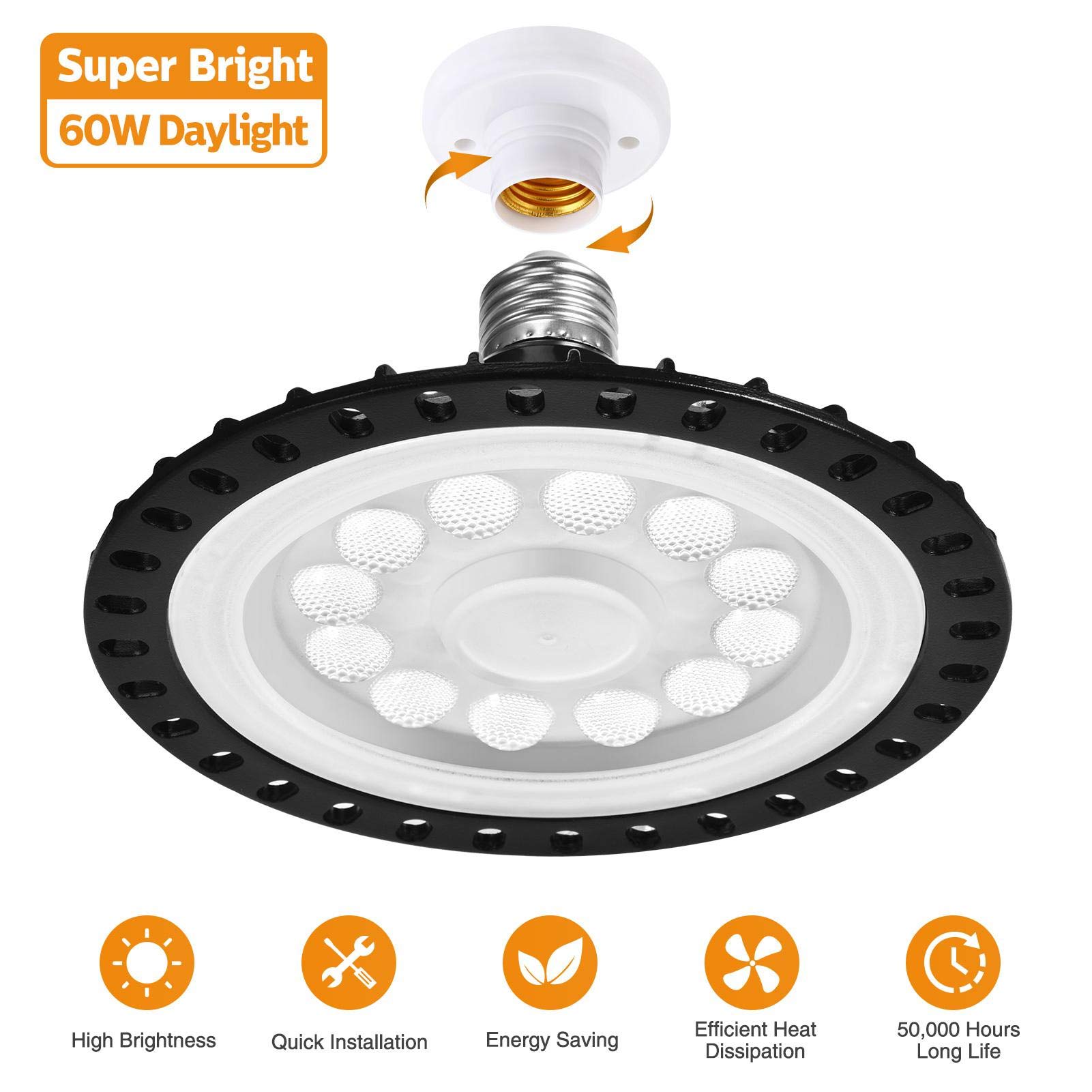 6 Pack UFO LED High Bay Light, lampa przemysłowa 6000LM Światło dzienne 60W Oświetlenie LED Bay, komercyjne oświetlenie sufitowe, oświetlenie przemysłowe 6500K Zimna biel do warsztatów magazynowych, o