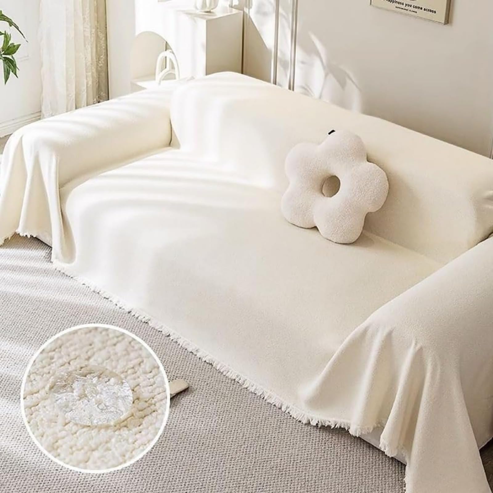 Plaid Canape Grande Taille Crème, Impermeable Chat Anti Griffe Couverture Canape Universelle 1 2 3 4 Places Angle Décorative Housse de Canapé idéal comme Jeté de Canapé ou Couvre-lit