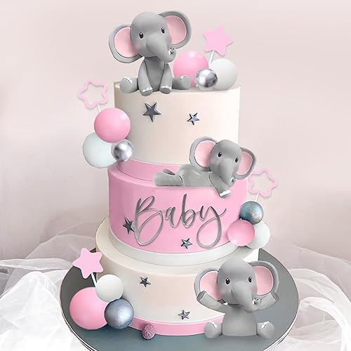 DRWATE 32 piezas de decoración de pastel de elefante con mini elefante, bolas de perlas azules y blancas para baby shower, niña, tema de elefante,
