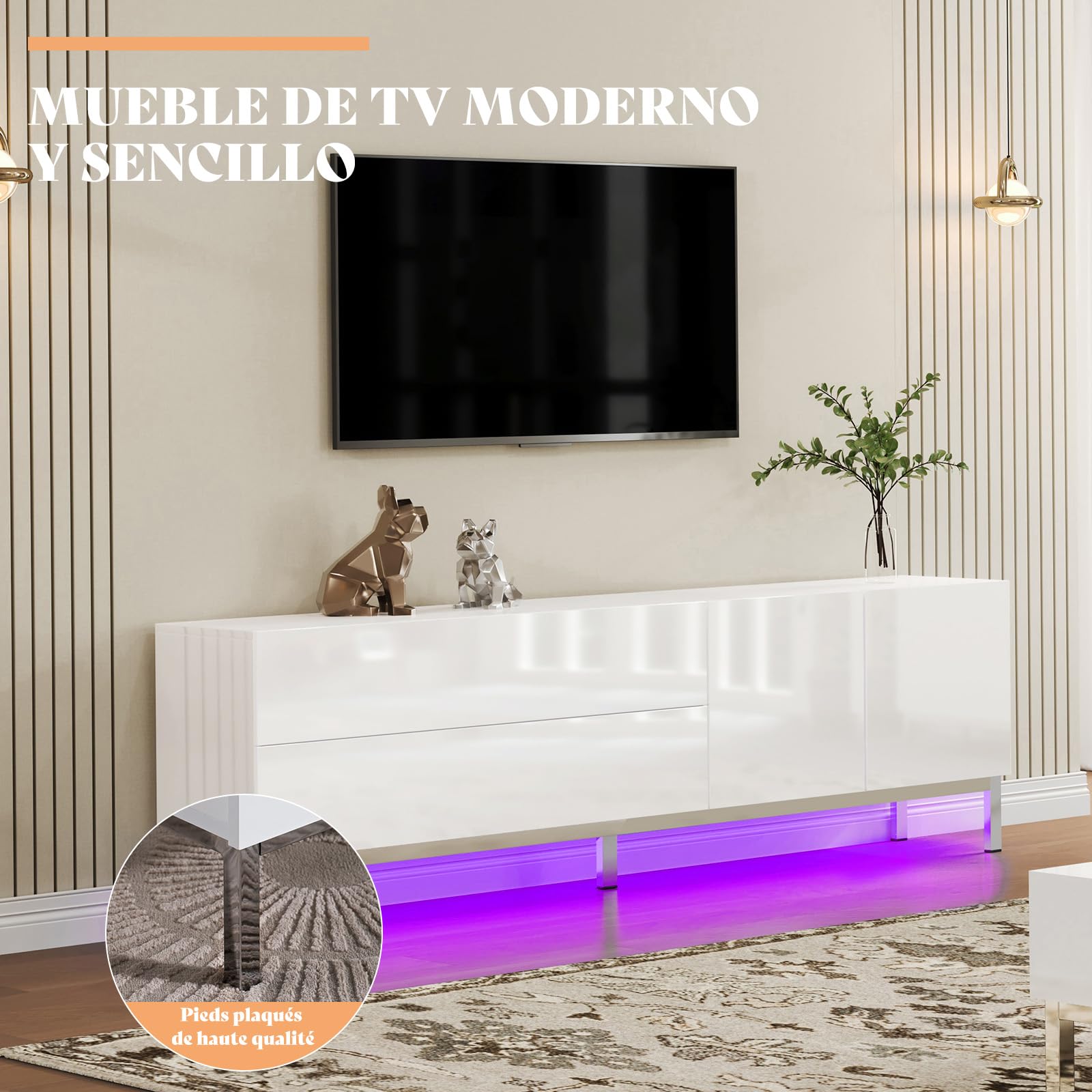 LUXOAK TV Lowboard Hochglanz Weiß mit LED, Fernsehschrank für Fernseher bis 80 Zoll, mit Schublade & Türen, 160 x 40 x 54.5cm, verchromten Füßen für Wohnzimmer & Schlafzimmer