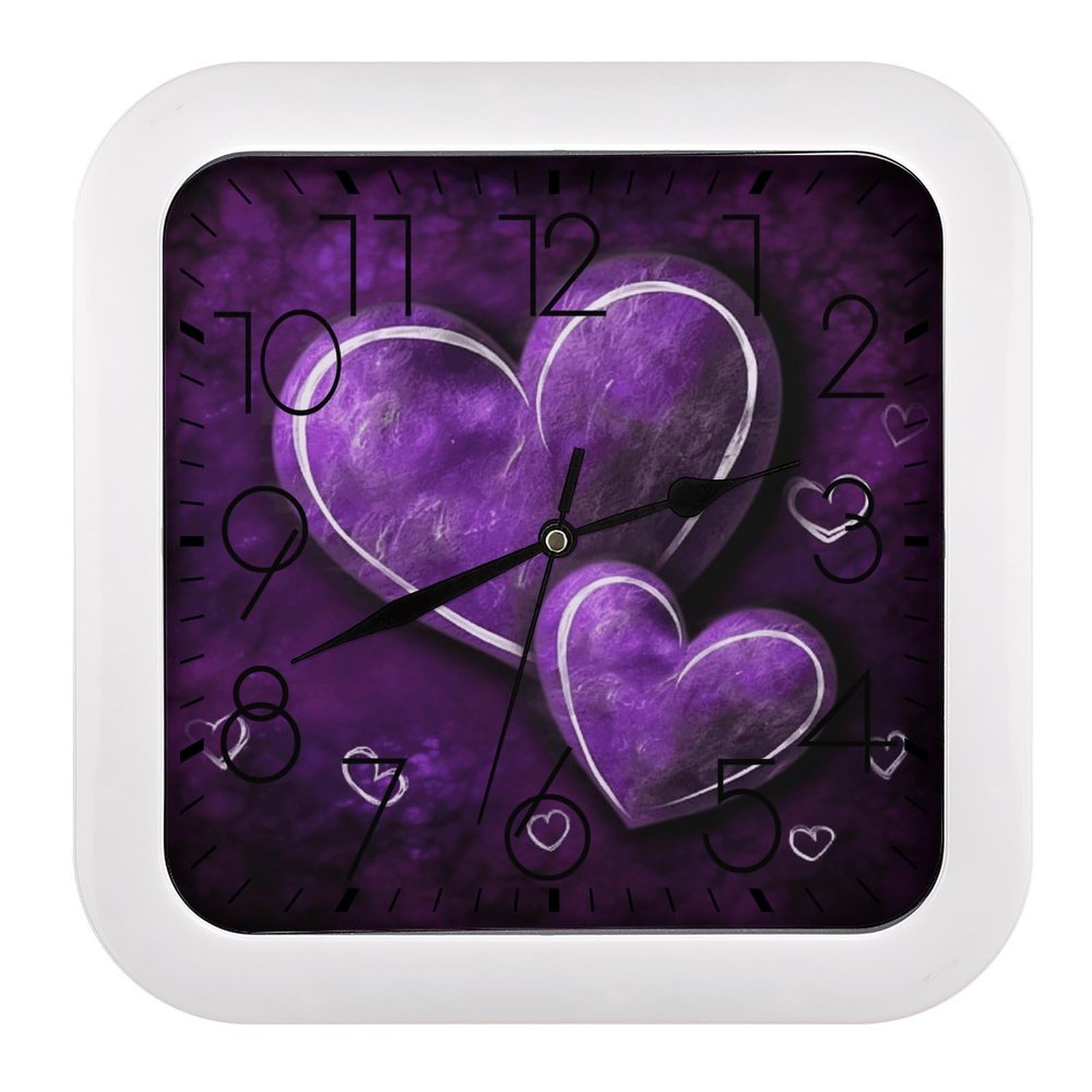 LZQPOEAS Purple Hearts Square Wall Clock, 10.2 Inch Battery Operated Silent Non-Ticking Wall Clock, Square Analog Decorative Clock for Home Wall Art, Living Room, Bedroom, and Office
