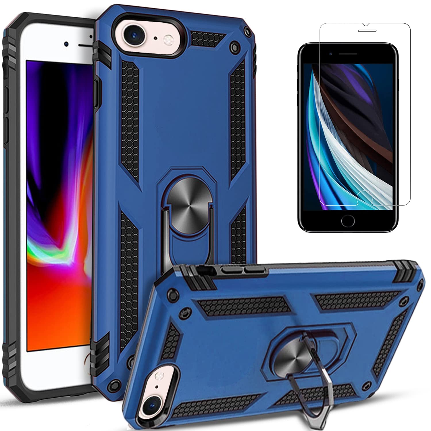 iPhone 8 Case, iPhone 7 Case, with [Tempered Glass Screen Protector Included], STARSHOP Military Grade Shockproof Dual Layers Protective Phone Cover with Metal Ring Kickstand, for iPhone 7/8 -Navy