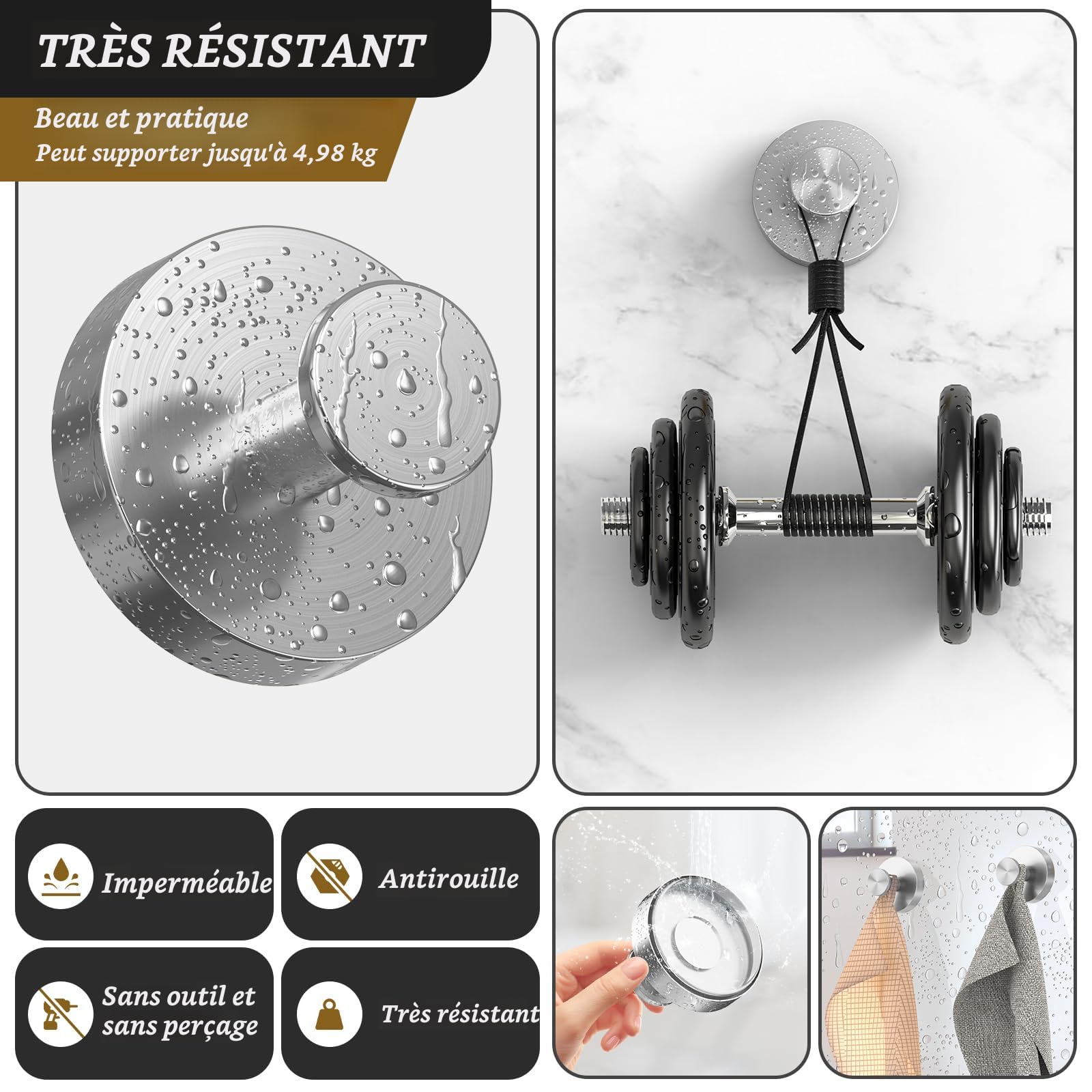 Lot De 2 Crochets Solides à Ventouse Pour Douche, Sans Perçage, Pour