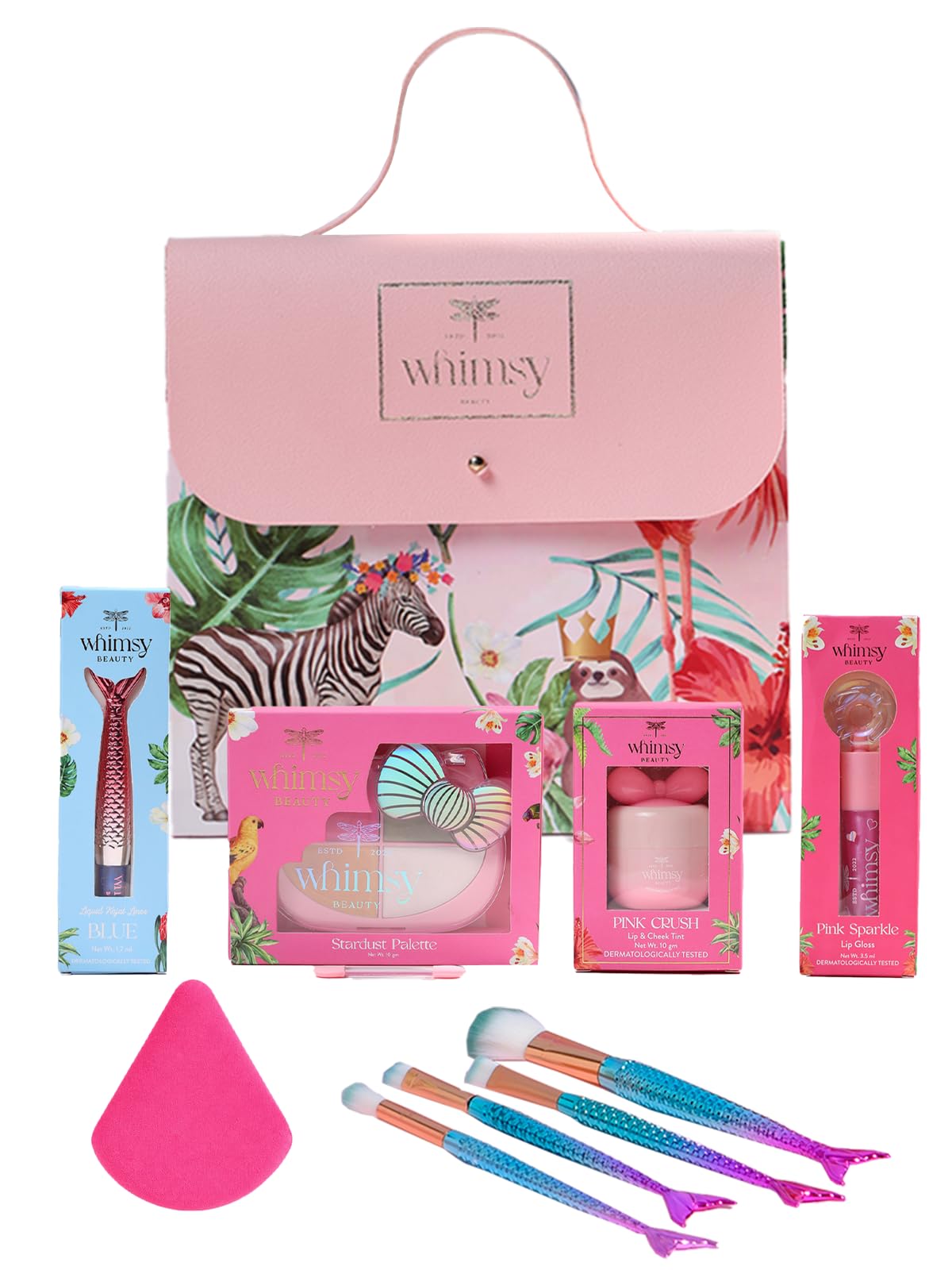 Whimsy Beauty Pretty Hang Bag Beauty Kit (Pack of 9) | Lip Gloss, Lip Tint, Eyeliner, Eyeshadow Palette, Mermaid Brushes & Puff Blender for Kids & Pre-Teens-image-22