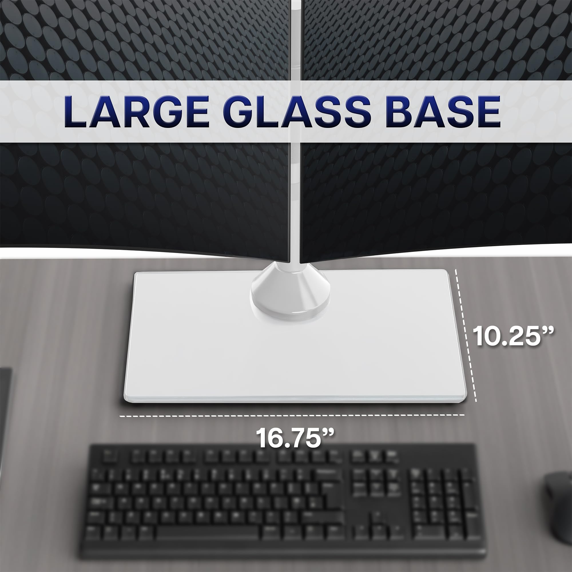 Vivo Soporte de Monitor Doble Independiente con Elegante Base de Vidrio y Brazos Ajustables, Monta 2 Pantallas de hasta 27 Pulgadas y 22 Libras Cada una, Blanco, STAND-V002FGW