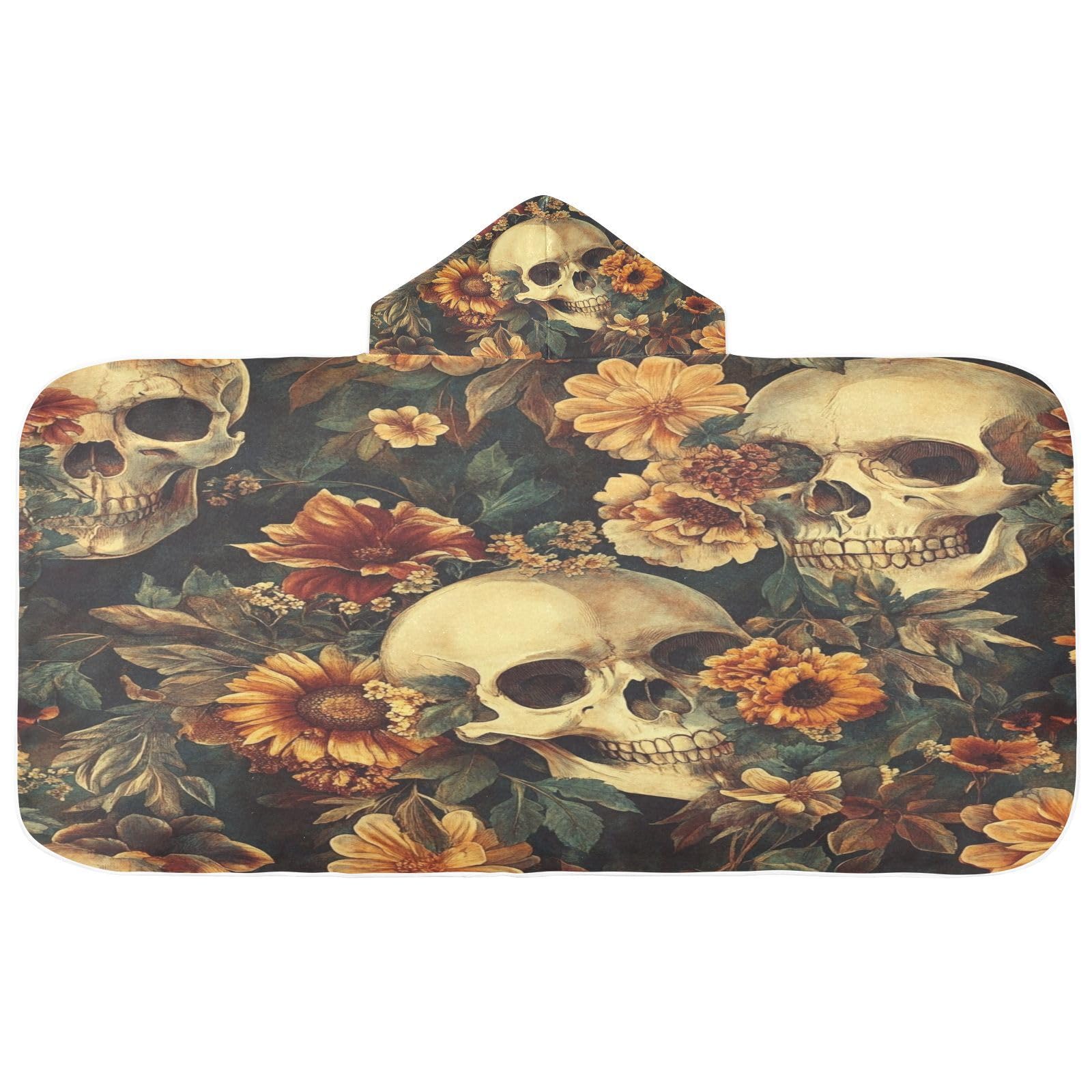 Kigai Skull Sunflowers Hooded Beach Towel for Kids Soft Absorbent Quick Dry Bath Towel with Hood Lightweight Toddler Shower Pool Bath Wrap for Boys Girls