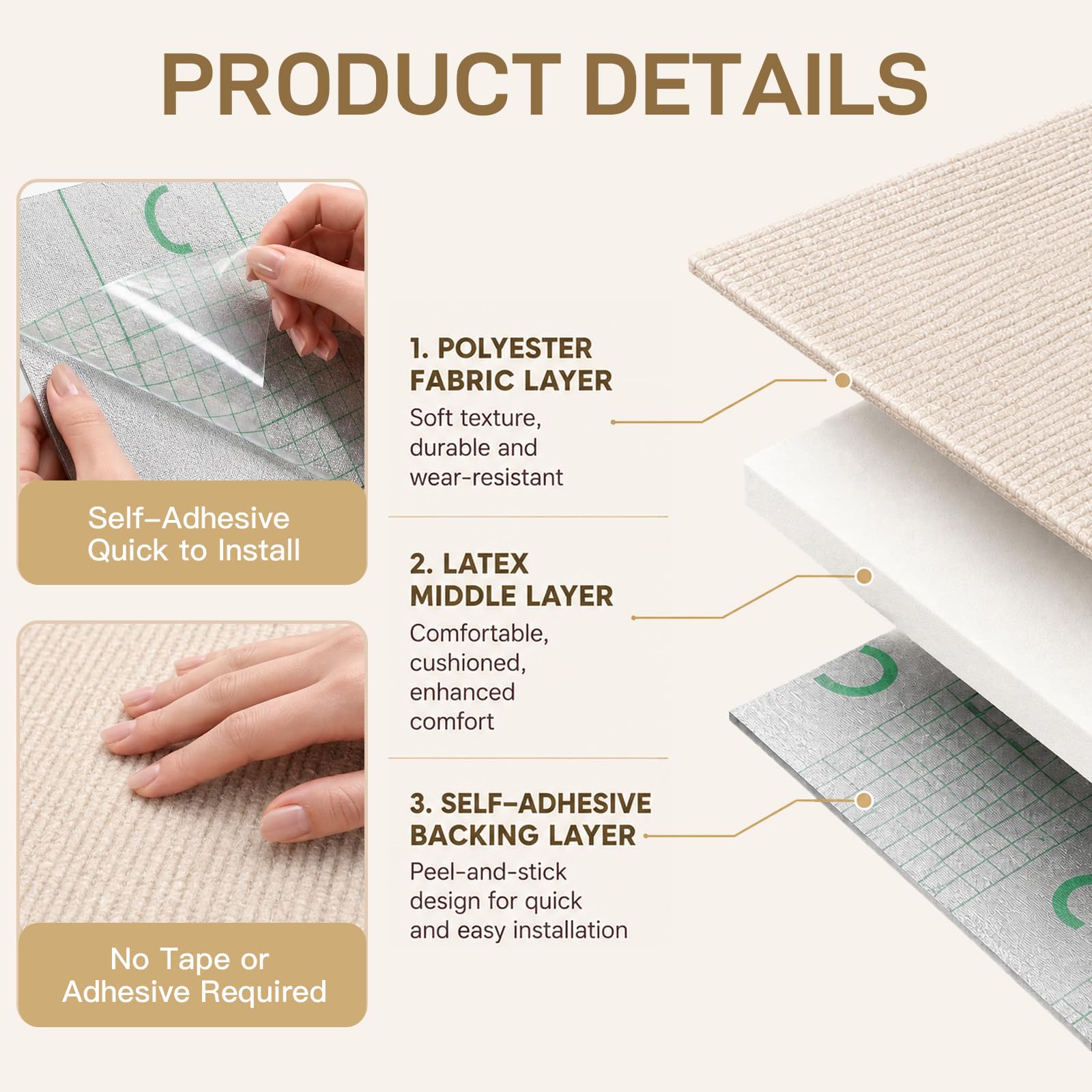 Teppichfliesen Selbstklebend 50x50cm Teppichboden | 10 Stück | 2.5m², Beige
