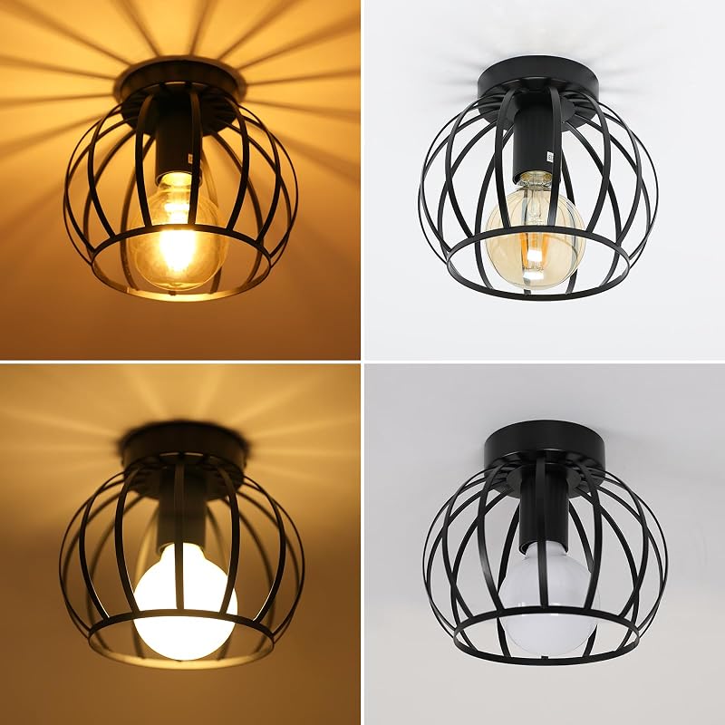 Goeco Vintage Ipari Mennyezeti Lámpa - Fekete Fém Ketrec Dizájn, E27 Foglalat, 20 cm Átmérő, Folyosóra, Erkélyre, Étkezőbe