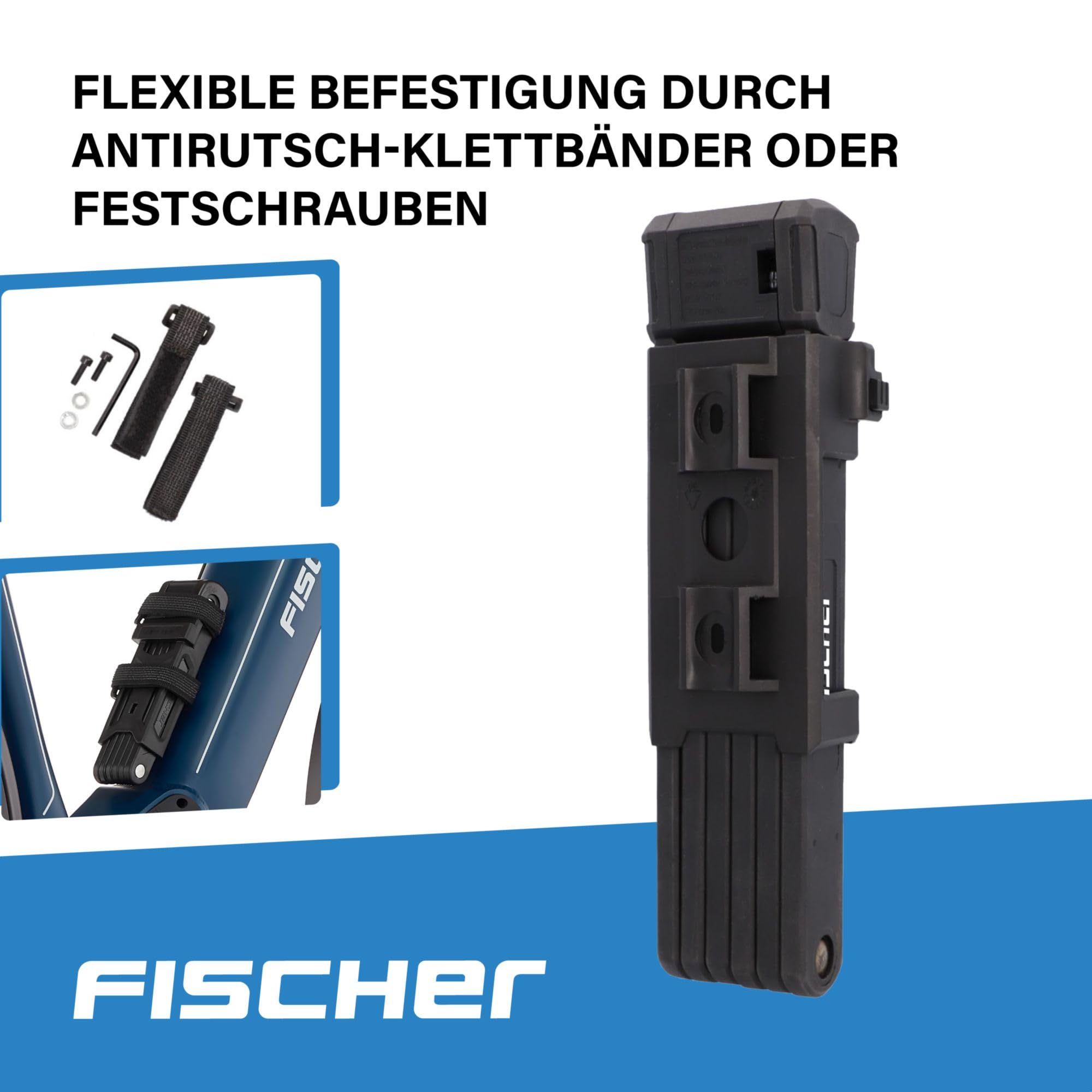 FISCHER PROTEC PLUS FK110 składane zapięcie rowerowe, wysokie bezpieczeństwo dzięki hartowanej specjalnej stali, zapięcie rowerowe z uchwytem i 3 kluczami, długość: 110 cm, czarne