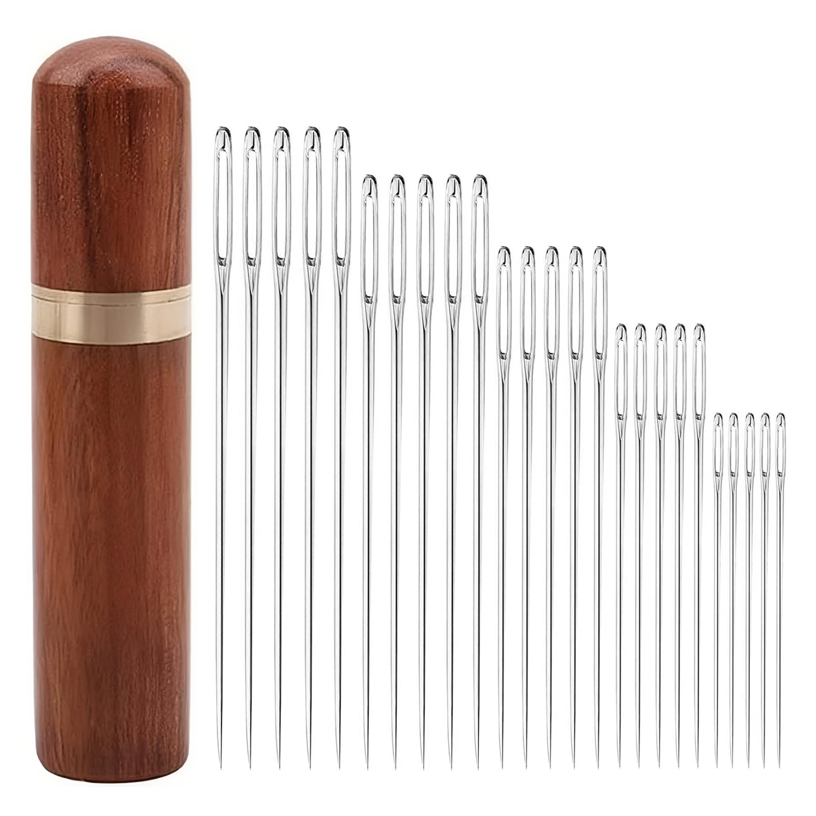 Gxahsol Brown, Silver 25 Pieces Large Eye Hand Sewing Needles, Embroidery Needles, Steel Sewing Needle, With A Sandalwood Needle Case, For Embroidery, Diy Craft (Silver)