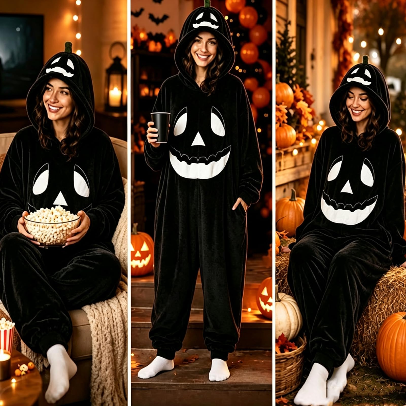 Pigiama Halloween con Cappuccio per Adulti | Indumenti da notte in pile zucca, tuta da salotto accogliente, abito fotografico autunnale, rilassante