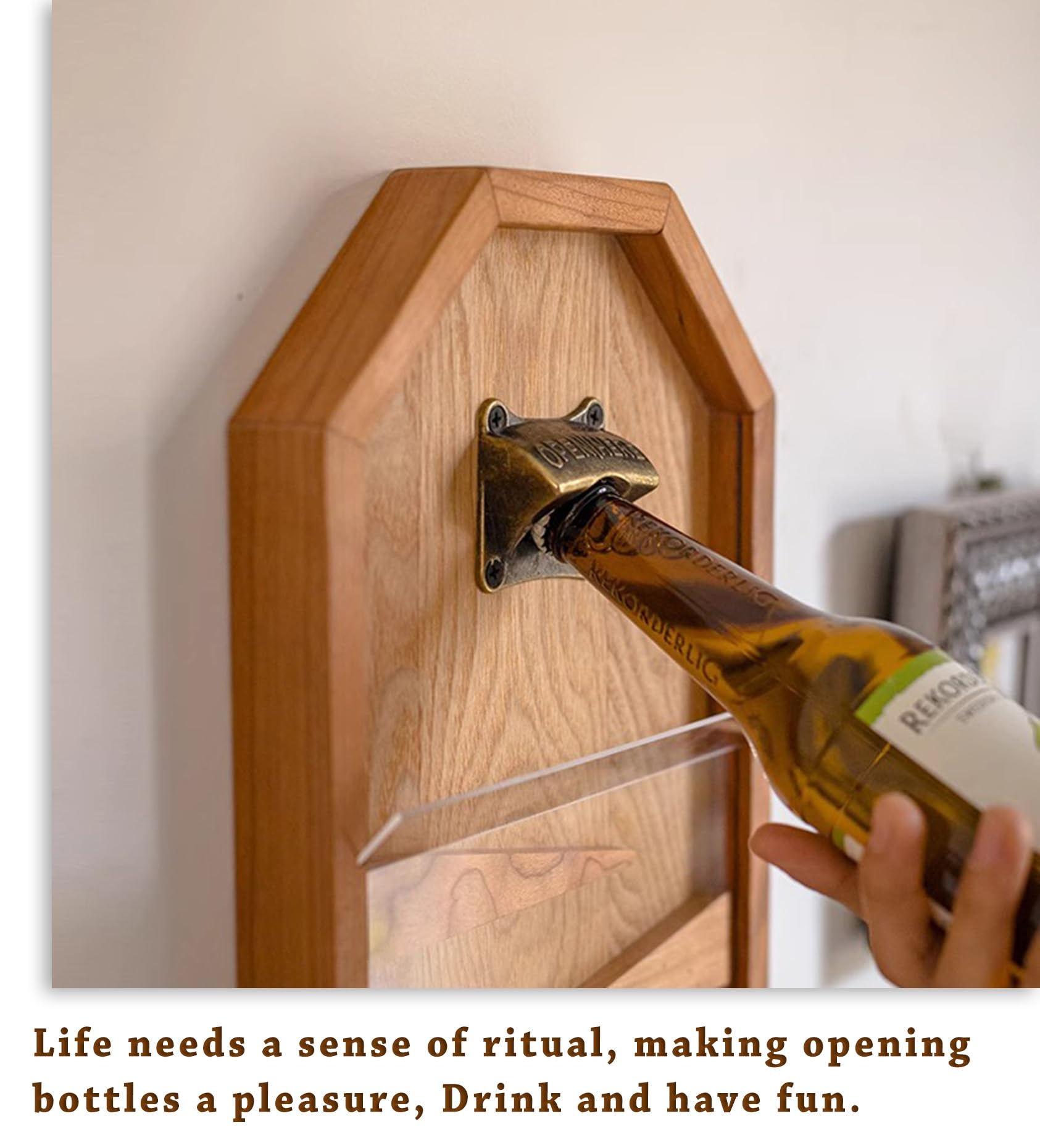 Abridor de botellas de cerveza montado en la pared, de madera rústica, atrapador de tapas de cerveza y refrescos, ideal para los amantes de la cerveza, regalos únicos de inauguración de la casa, ideal