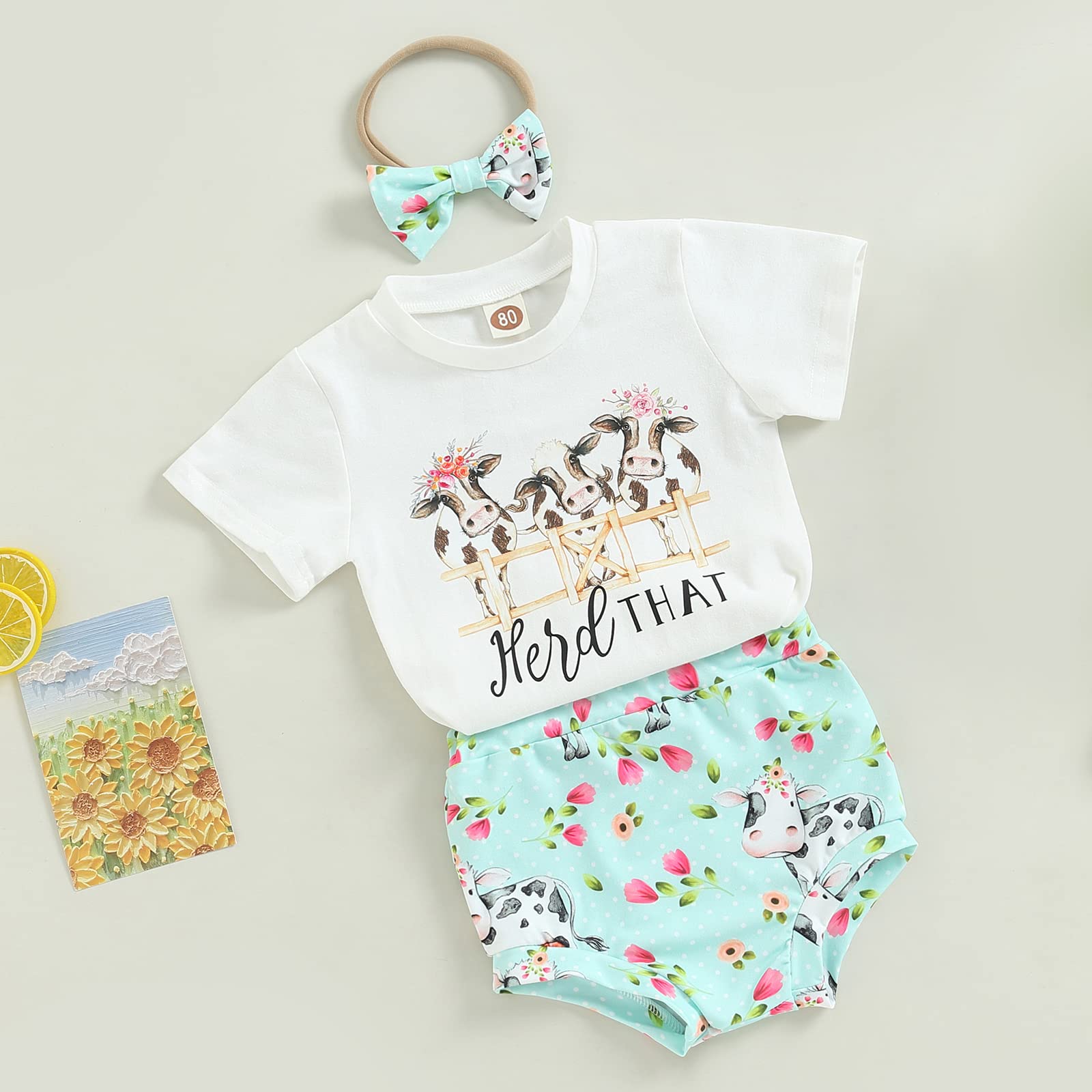 Western Baby Girl Clothes Boho Cow Print Short Sleeve T Shirt Top + Bloomer Shorts Set Infant Summer Outfits (B-White, 3-6 Months)