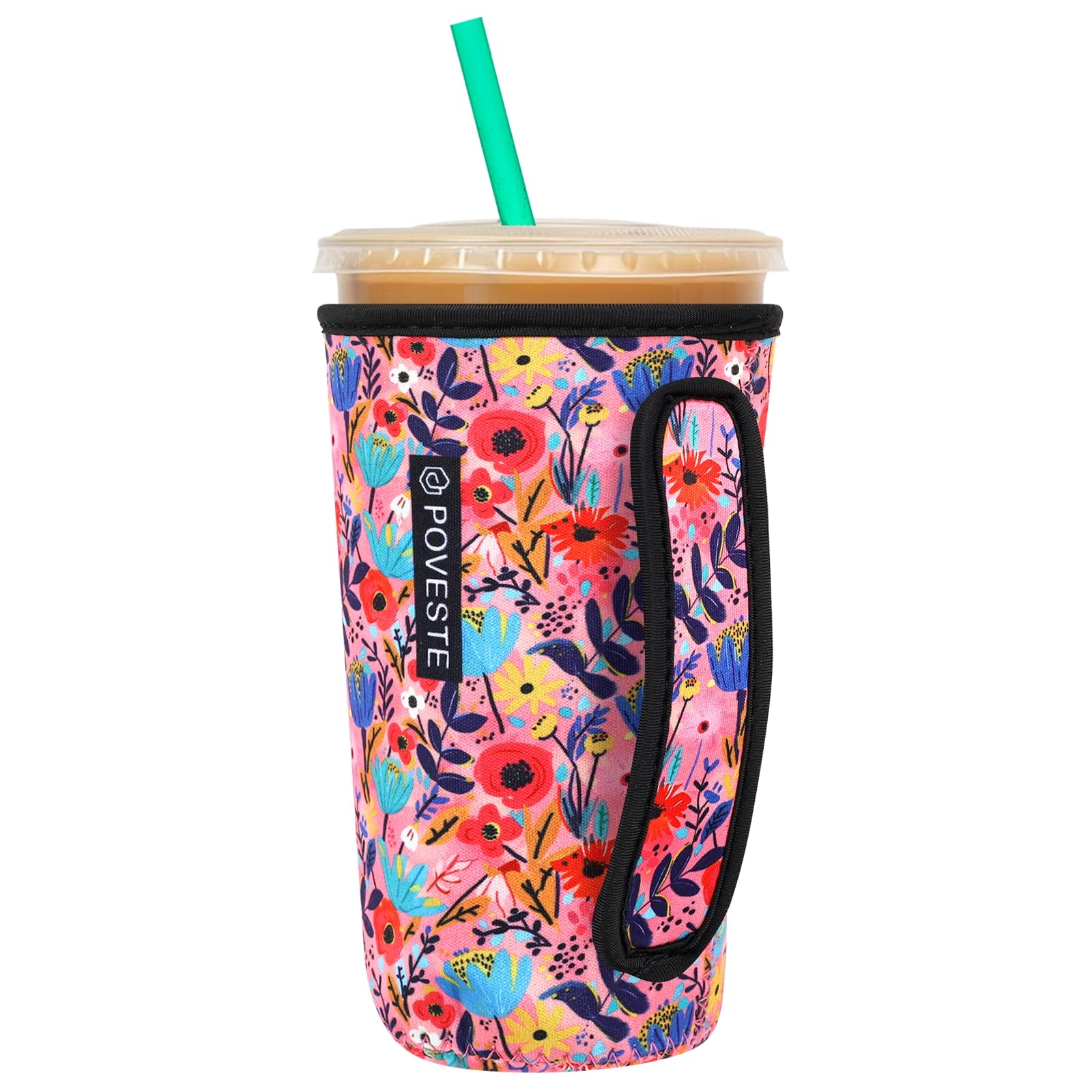 Reusable Neoprene Insulator Sleeve for Iced Coffee &amp; Cold Soda, Coffee Sleeves for Iced &amp; Hot Drinks, Cold Beverage Cooler Compatible with Starbucks, Dunkin (Abstract Flower, Large: 32oz)