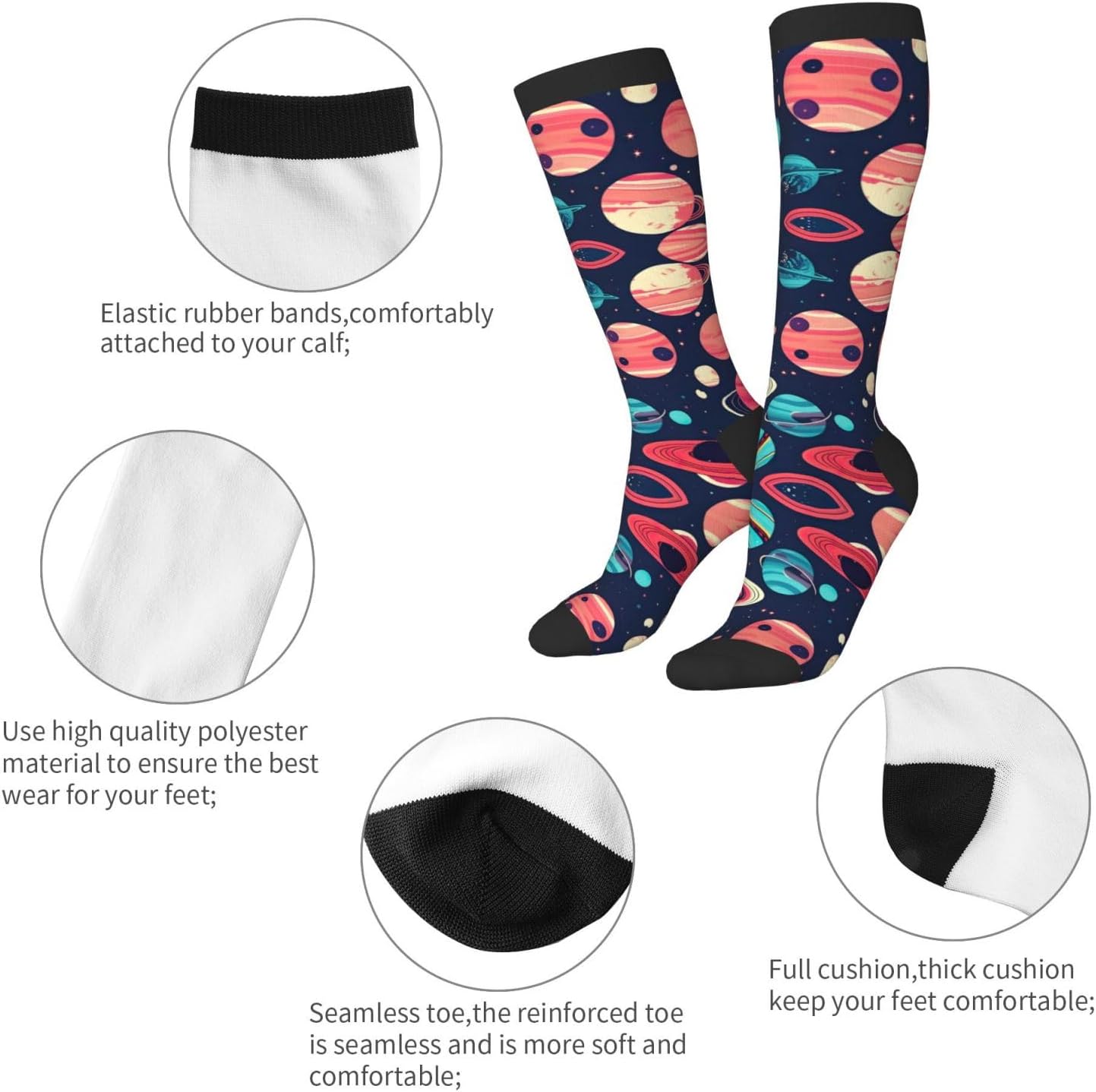 Space Planets Print Breathable Crew Neck Athletic High Socks,Suitable For Sports,Running,And Travel.