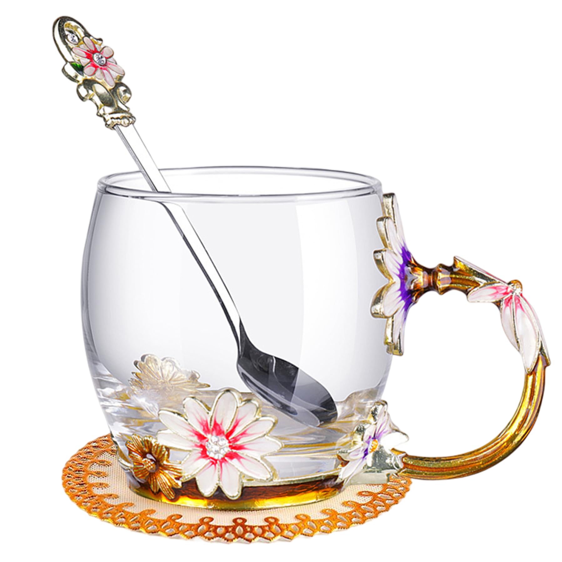 Enamel Glass Mug Clear Flower Glass Mug with Spoon Novelty Enamel Flower Tea Coffee Cup for Birthday Gift Short 320ml Novelty Glass Mugs Enamel Flower Cups Flower Glass Mug