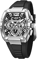 LIGE Men's Skeleton Tonneau Square Chronograph Watch - Stainless Steel Quartz, 30M Waterproof, Luminous Hands, Date, Silicone Strap