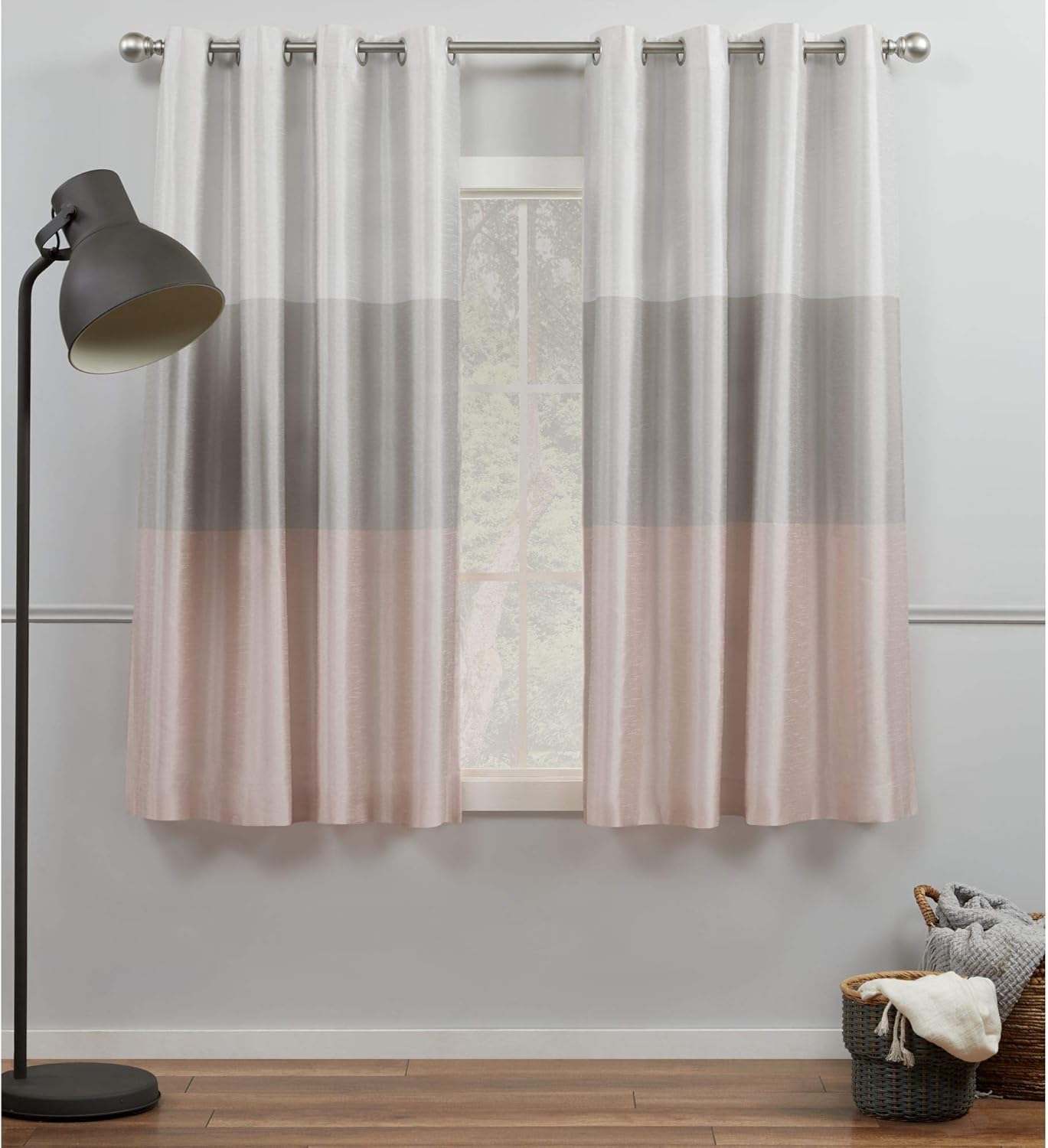 Exclusive Home Chateau Striped Faux Silk Grommet Top Curtain Panel Pair, 54"x63", Blush
