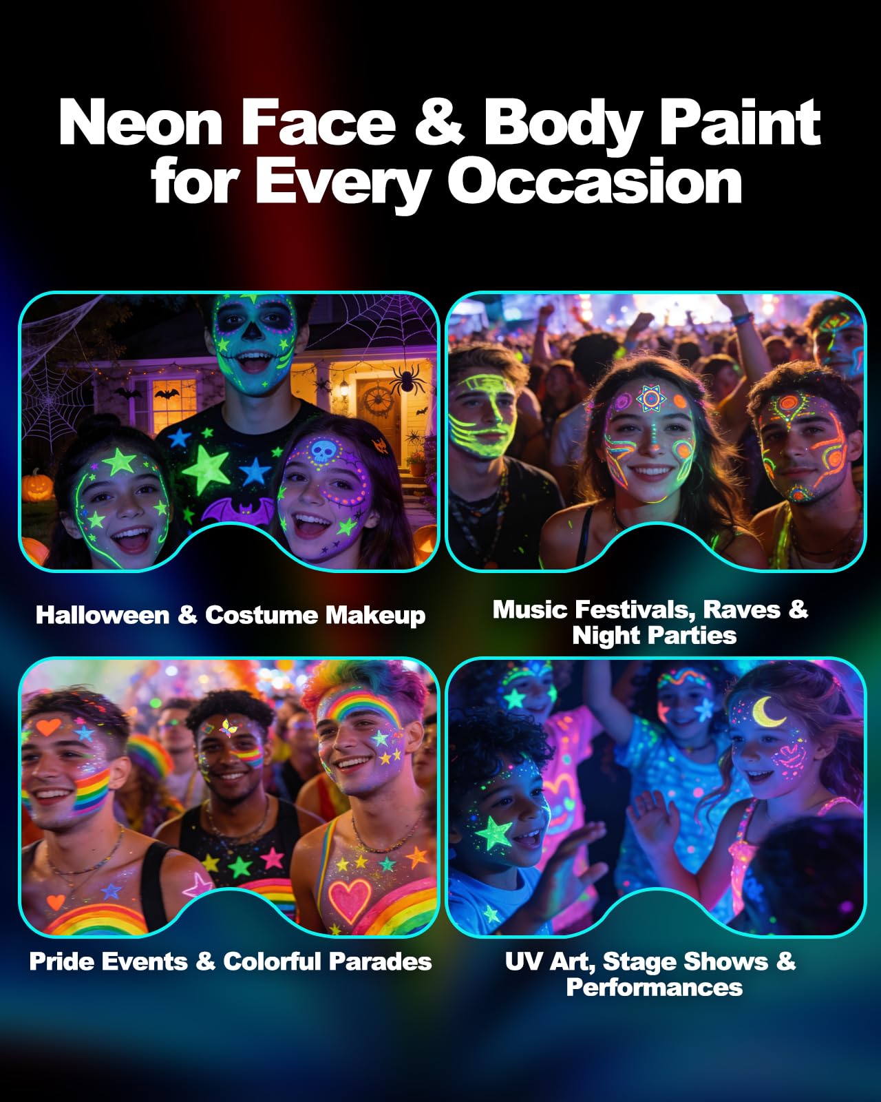 Glow Party UV Gesichts- & Körpermalstifte, Neon Schwarzlicht Bodypaint Marker, fluoreszierende Tattoo Stifte mit Leuchtstickern