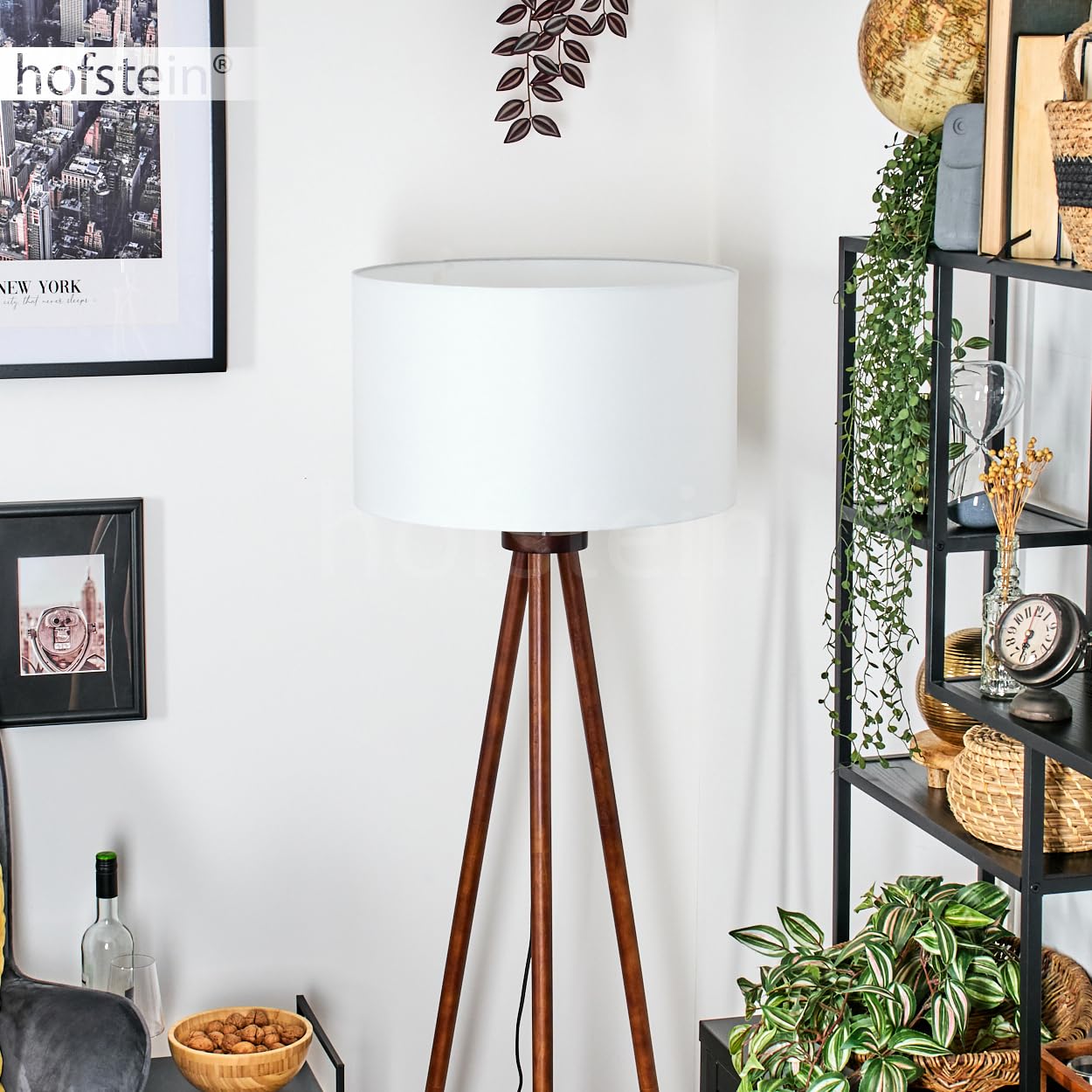 Stehleuchte Flemming, Stehlampe aus Holz/Stoff in Dunkelbraun/Weiß, Leuchte im skandinavischen Design mit rundem Schirm (Ø 50 cm) u. Fußschalter, Höhe 155 cm, 1 x E27, ohne Leuchtmittel
