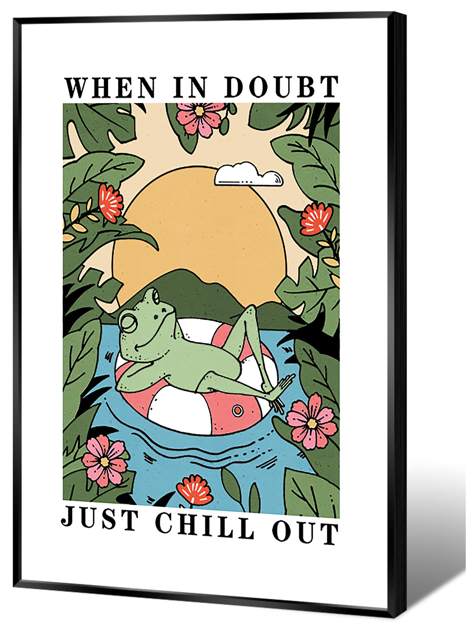 FBKDVC Funny Frog Canvas Wall Art When In Doubt Just Chill Out Poster Positive Positive Inspirational Quote Print Painting Sunset Greenery Flowers