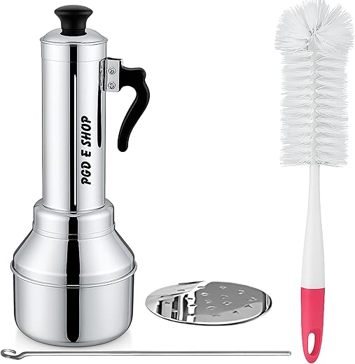 PGD Stainless Steel Premium Puttu Kodam Puttu Maker with Puttu Making vessel (kuzha) Steamer Plate, Metal Stick, Black Plastic Handle, Silver Lid & Bakelite knob with long handle tube cleaning brush (Assembly Required)