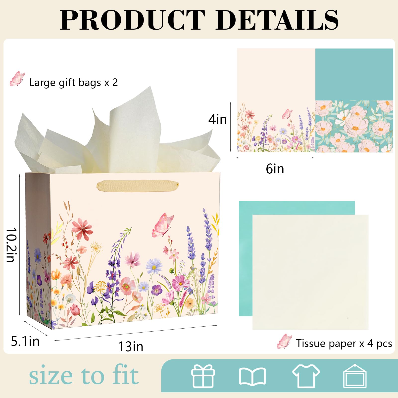 Miakutho 13" Large Gift Bag with Tissue Paper and Card (Floral Design, Gold Foil Accents), 2 Pack Paper Bags with Ribbon Handle for Girls & Women, Birthdays, Baby Shower, Weddings