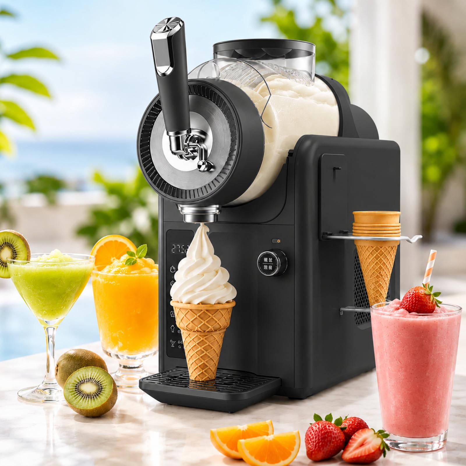HCAUYNN Slushie Machine No Ice Needed, 2L Slushy Maker & Soft Serve Ice Cream Maker, Self-Chilling Drink Machine with 5 Presets, LED Display & Auto Clean for Home Parties Black