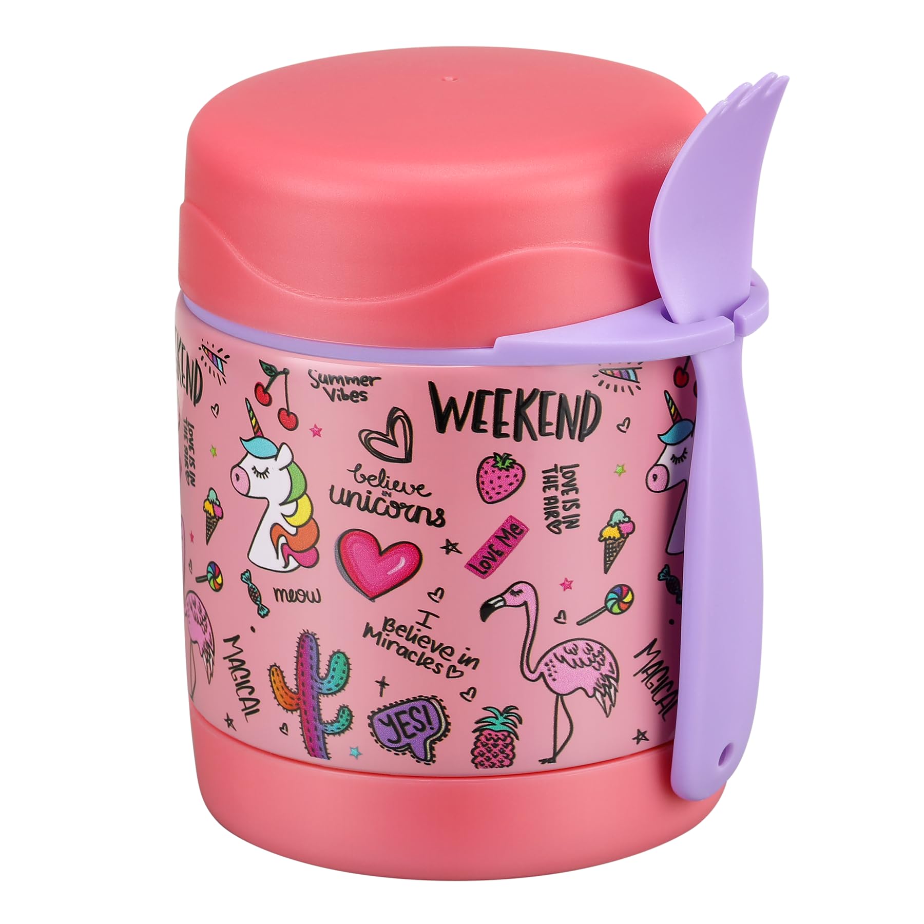 Pawtong 10oz Soup Thermo for Hot Food Kids Insulated Food Jar,Thermo Hot Food Lunch Container, Width Mouth Stainless Steel Lunch Box for Kids with Spoon (Pink-flamingo) — image 1