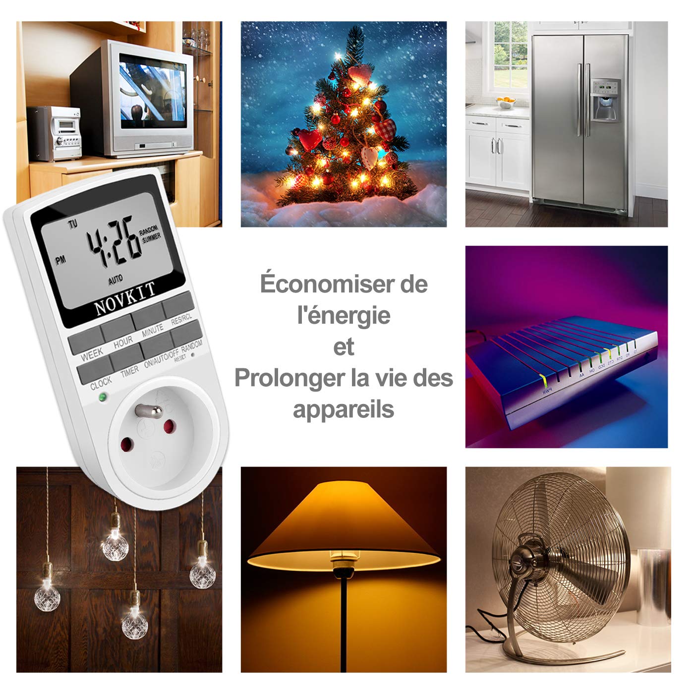 NOVKIT Programmateur Prise Électrique et Digitale, Minuterie Prise Numérique à 10 Programmes Journaliers Hebdomadaires avec Mode Anti-vol et Grand LCD écran, Économiser Électricité (Paquet de 2)