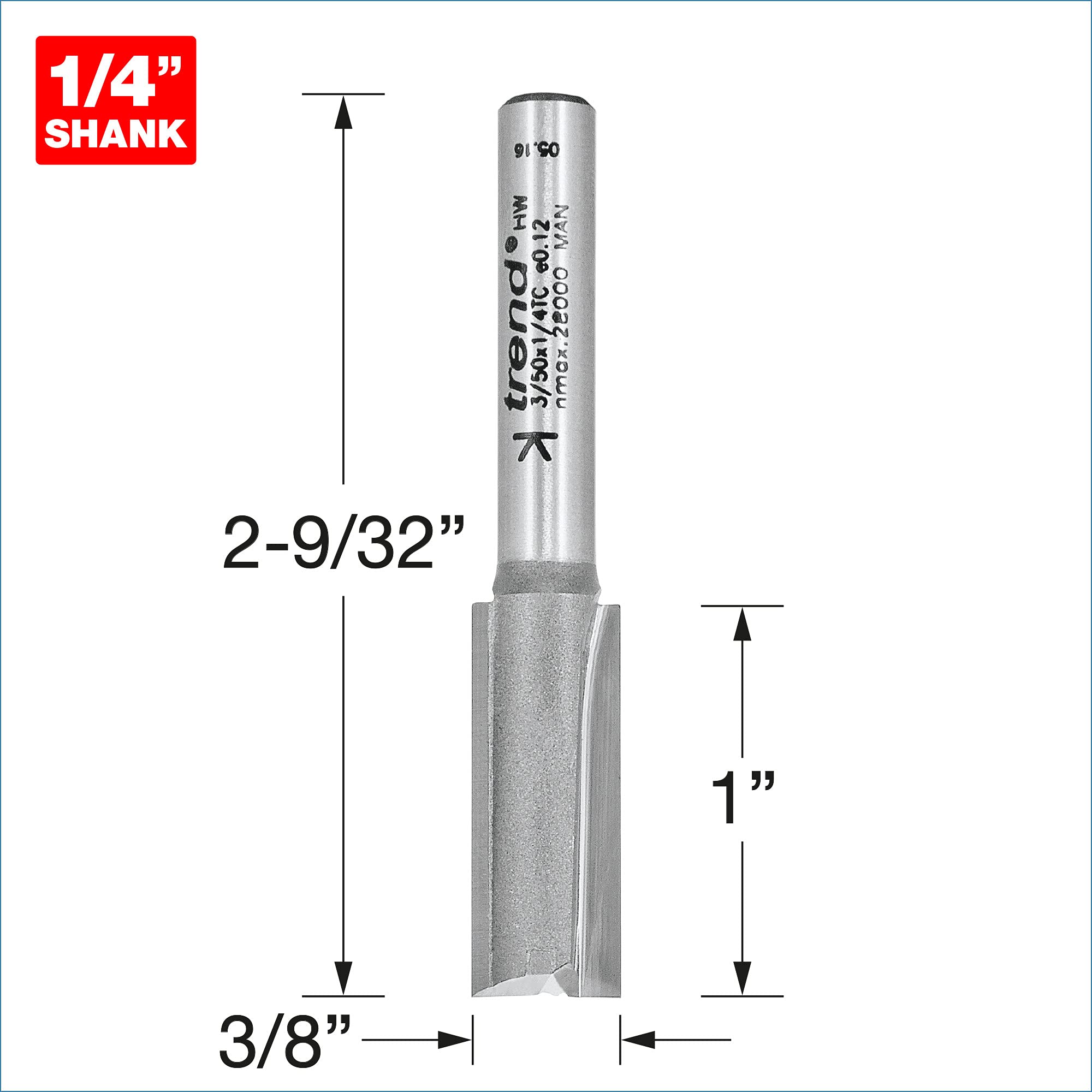 Trend Profesjonalny frez prosty dwupiórowy do frezarki górnowrzecionowej, trzpień 1/4 cala, średnica cięcia 9,5 mm, długość cięcia 25 mm, węglik spiekany (TCT), 3/50X1/4TC