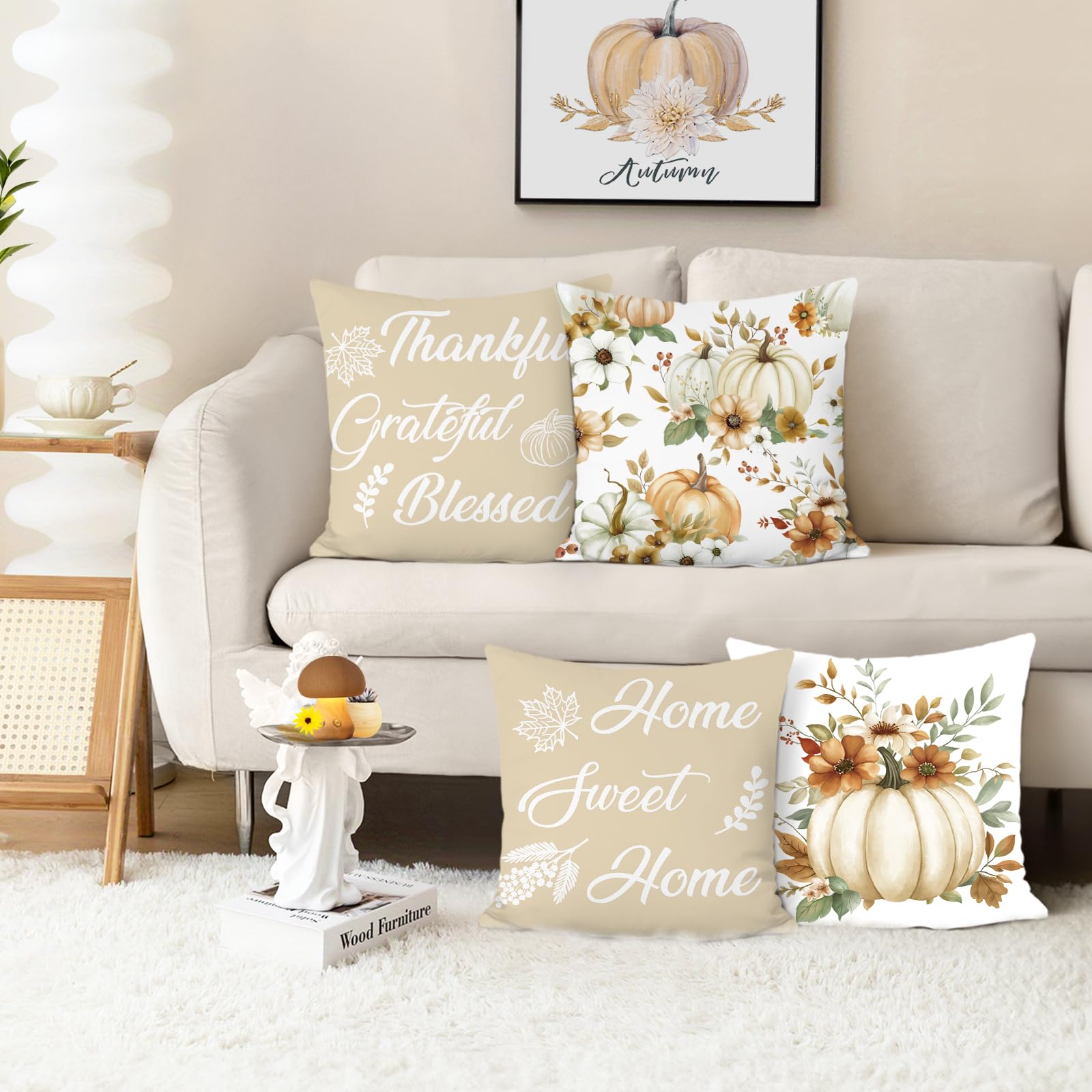 COZZSNUGE Fall Pumpkin Cushion Covers - Set Of 4, 45x45 Cm, Velvety Fabric, Autumn Decor - View #8