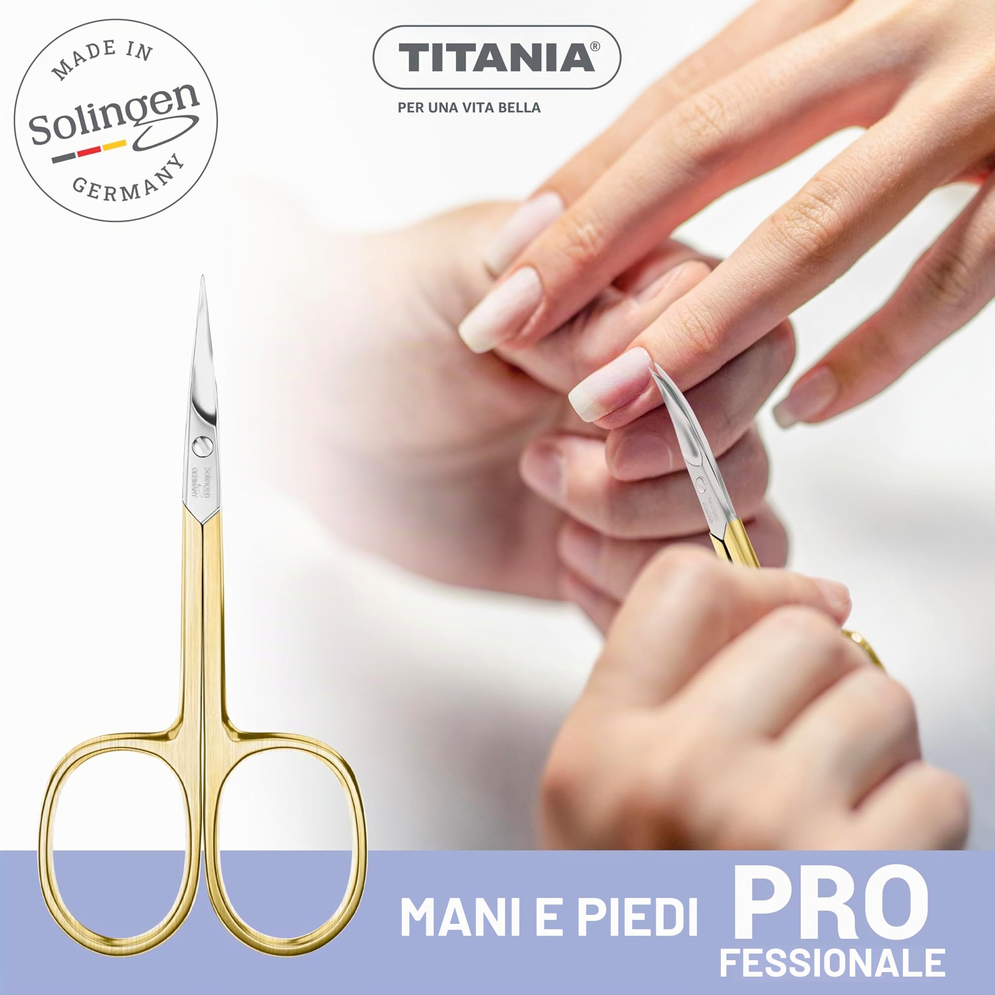 TITANIA Forbici per Cuticole Solingen con Punta Sottile Curve Dorate (9,5 cm) • Forbici Professionale per Cuticole Vergoldate • Forbici in Acciaio Carbonio di Alta Qualità • Made in Germany