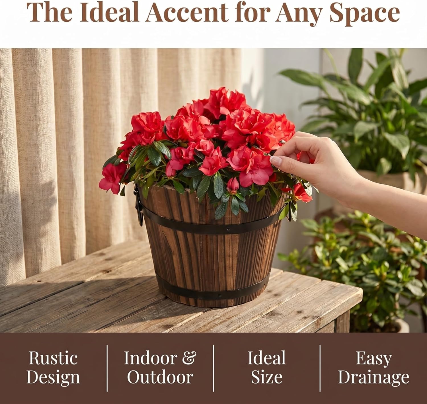 DOITOOL Rustic Wooden Barrel Planter: Wood Whiskey Barrel Bucket Flower Pots Indoor Outdoor Plants Boxes Container for Home Garden Patio Backyard - 7.08 x 5.9 x 5.1 inches