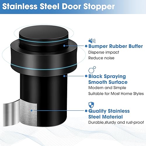Miniatura 3 de Chumia 20 topes de puerta de acero inoxidable cilíndricos para puerta de piso para montaje en el piso, tope de puerta moderno decorativo de goma