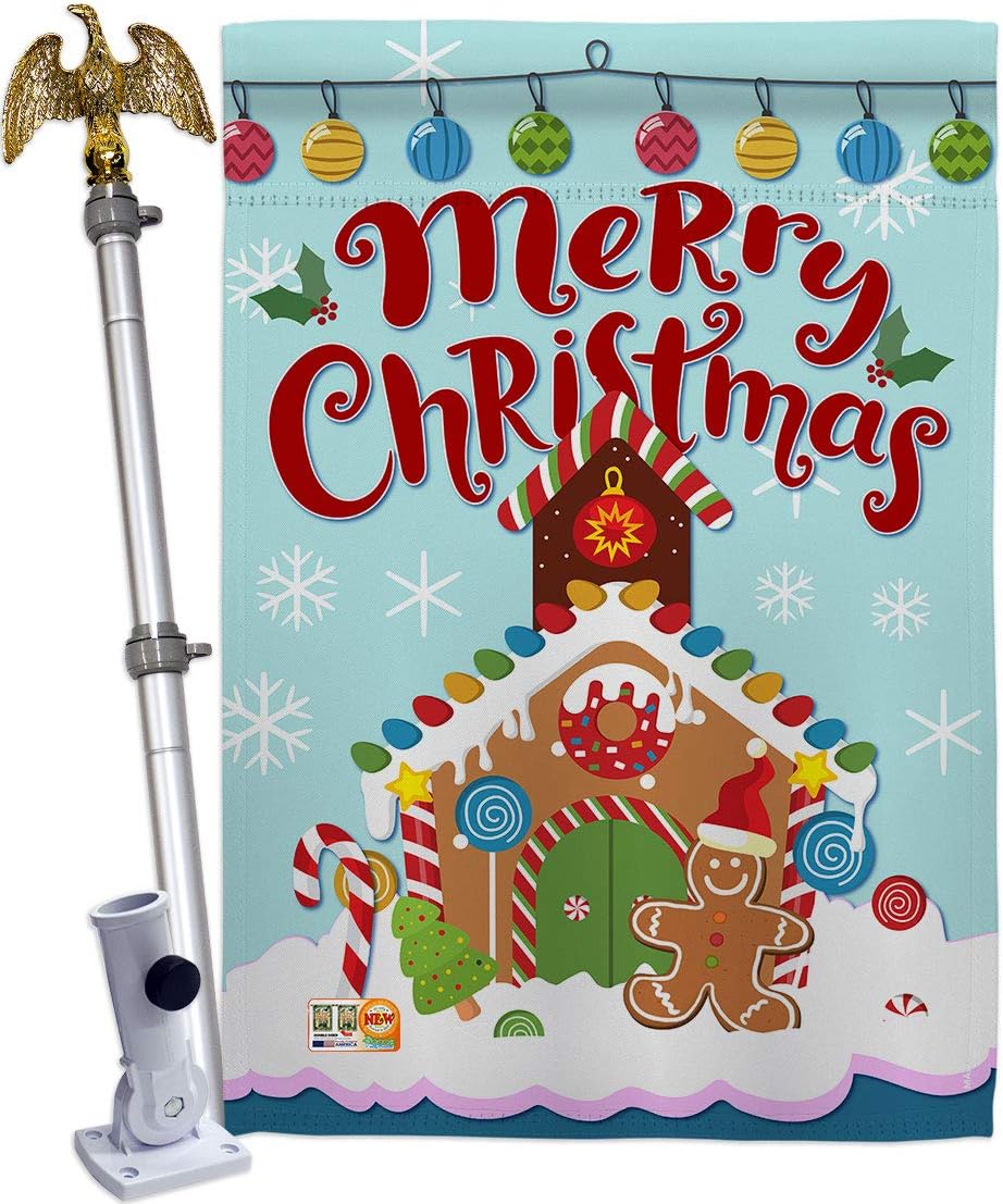 Christmas Gingerbread House Flag Dowel Set Wintertime Santa Marry Xmas Present Reindeer Season Snow Small Decorative Gift Yard Banner Made In USA 28 X 40