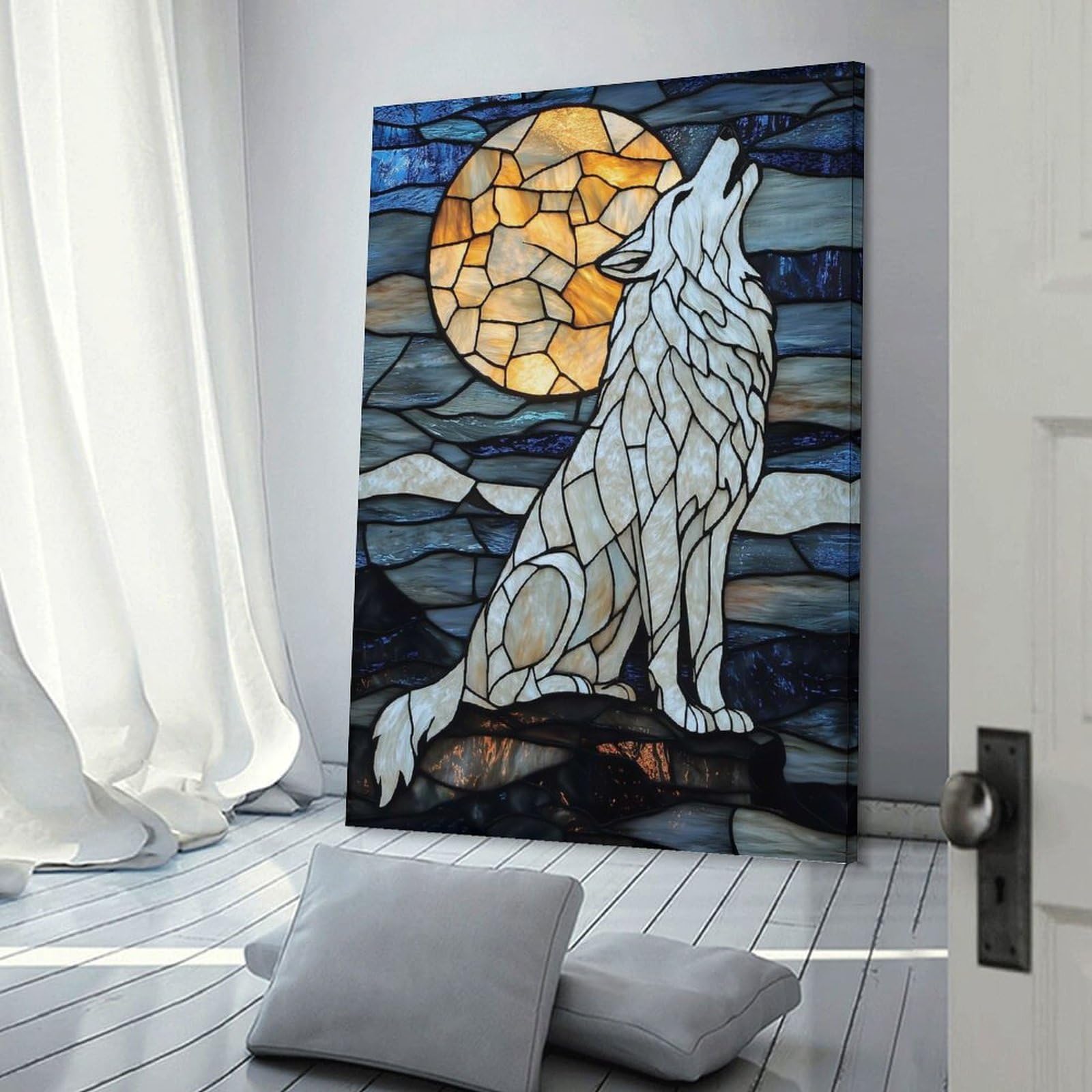 Junmoney Frame-Stained Glass Wolf Howling Stained Glass Wolf Howling Hanging Wall Art 20X30inch(50X75cm), For Lounge, Bedroom Or Personal Spaces, Home Decor Gift With Stylish Appeal